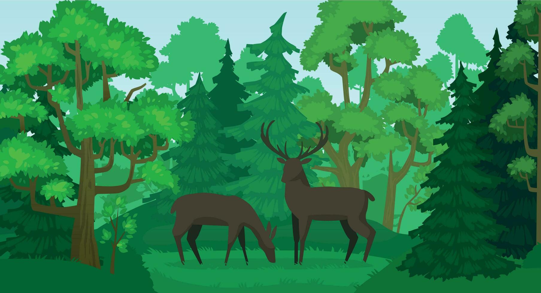 Cartoon deer in forest landscape. Deers in woods, forest field and green trees. Wildlife animals vector illustration
