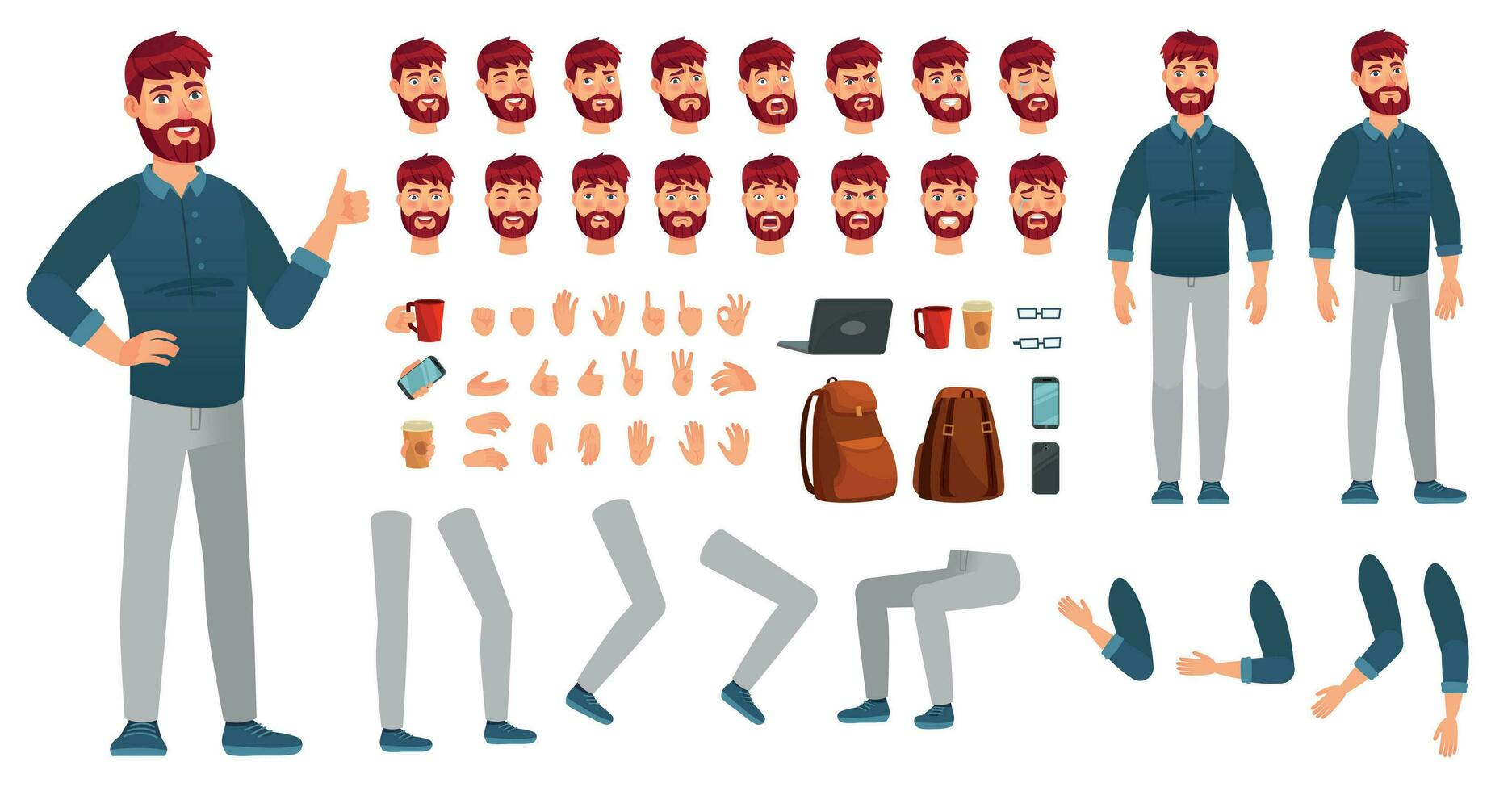 Cartoon male character kit. Man in casual clothing, different hands, legs poses and facial emotion. Characters constructor vector set