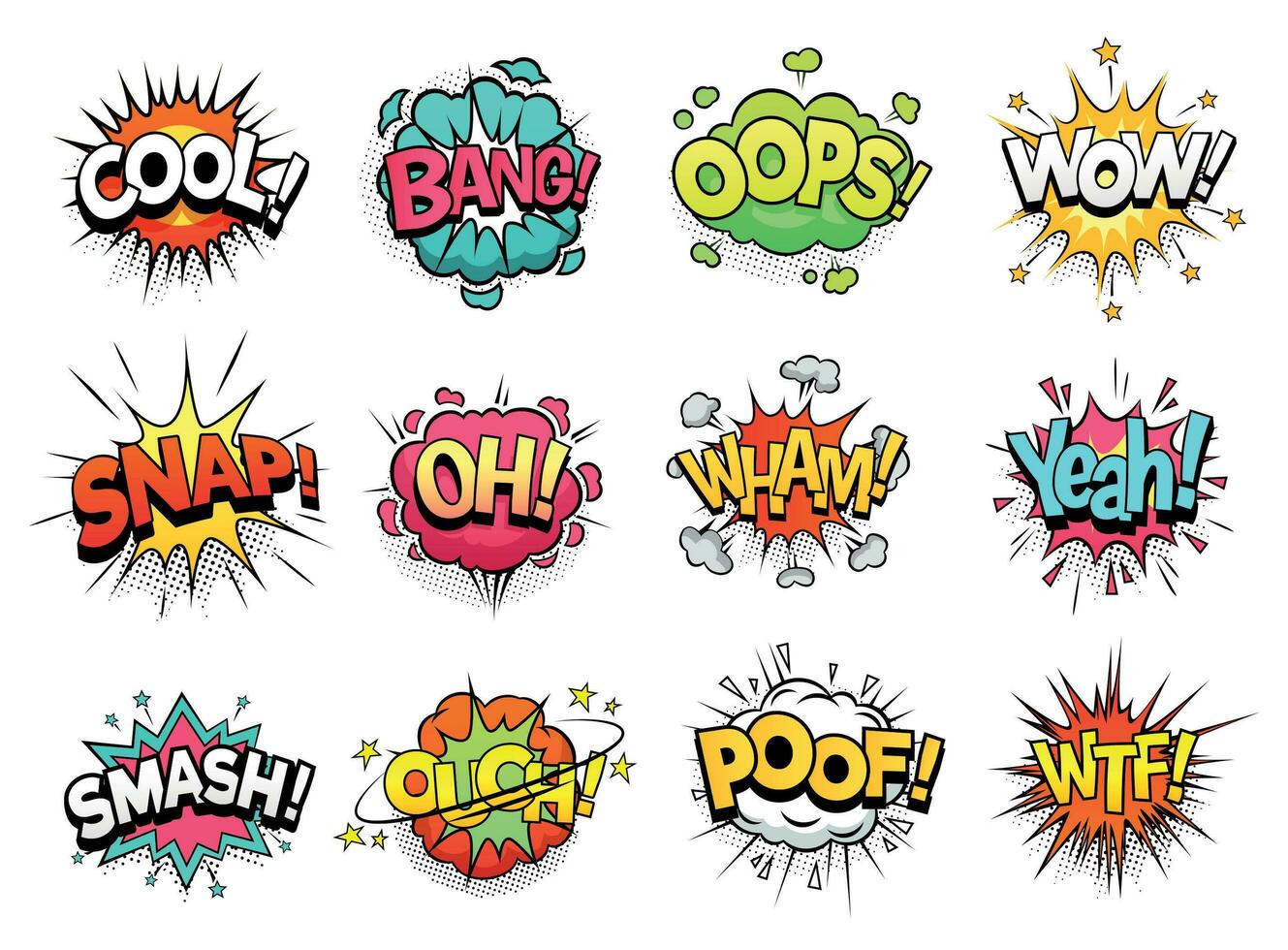 Comic sign clouds. Boom bang, wow and cool speech bubbles. Burst cloud expressions cartoon vector set