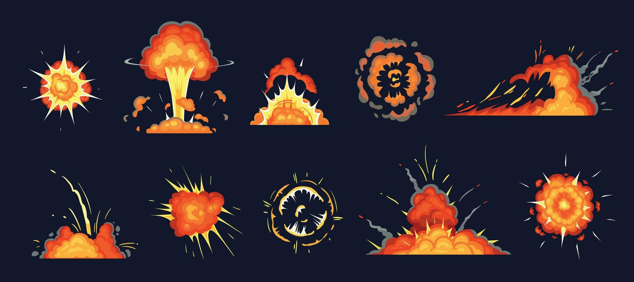 dibujos animados explosión. explotando bomba, atómico explotar efecto y cómic explosiones fumar nubes vector ilustración conjunto