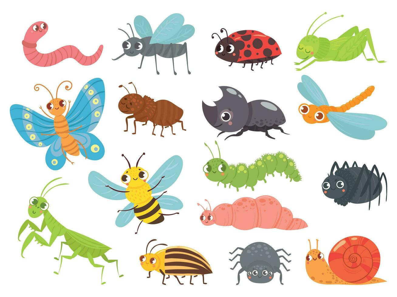 Cute cartoon insects. Funny caterpillar and butterfly, children bugs, mosquito and spider. Green grasshopper, ant and ladybug vector illustration set