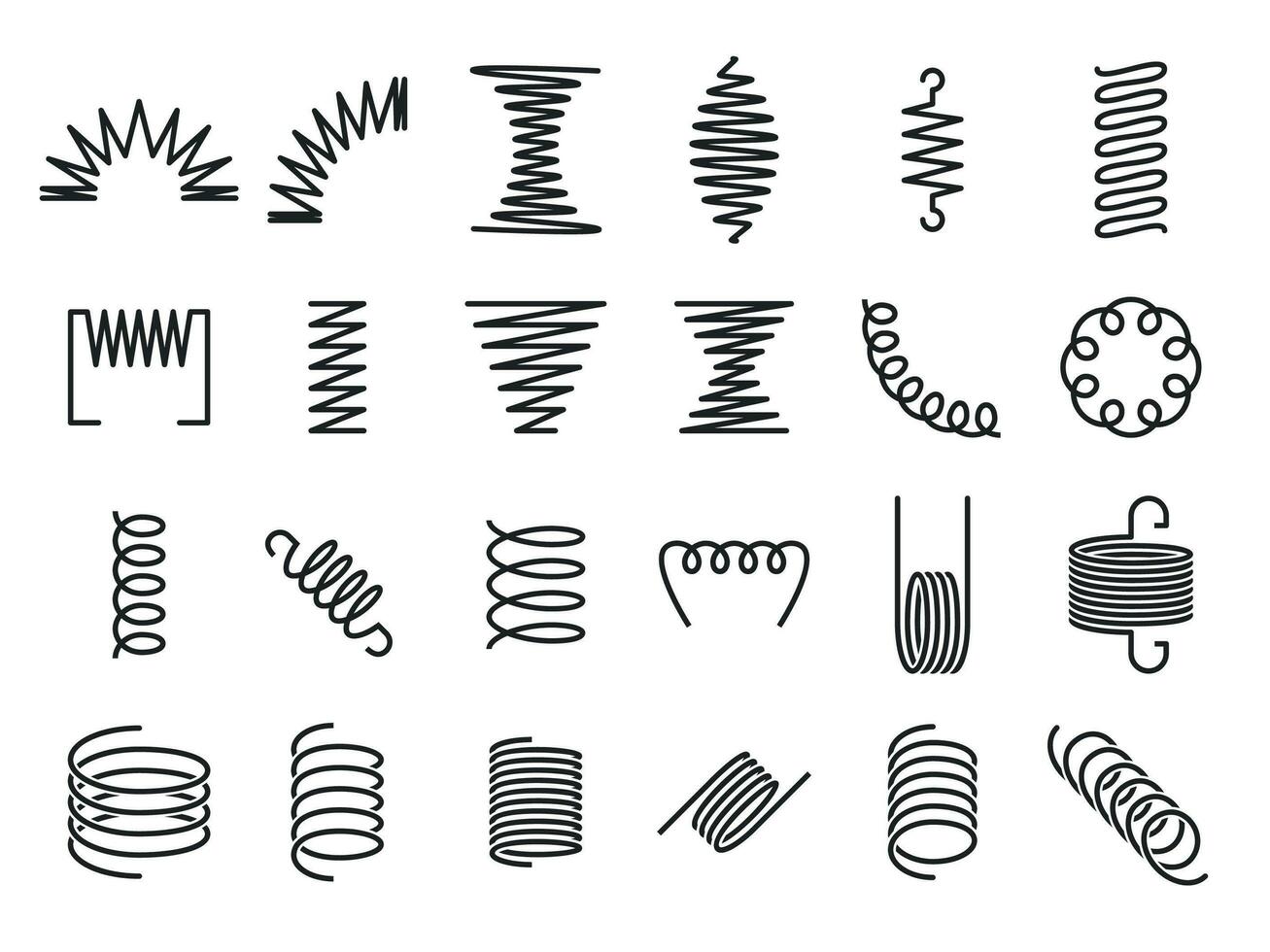 Spring coils. Metal spiral springs, metallic coil and linear spirals silhouette vector icon set