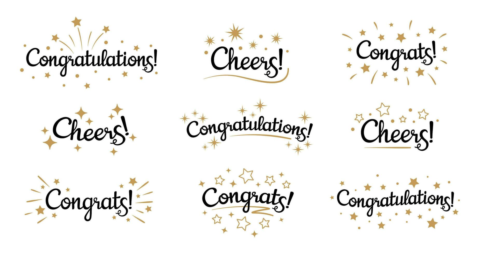 Congrats lettering. Congratulation text labels, cheers sign decorated with golden burst and stars and congratulations vector set