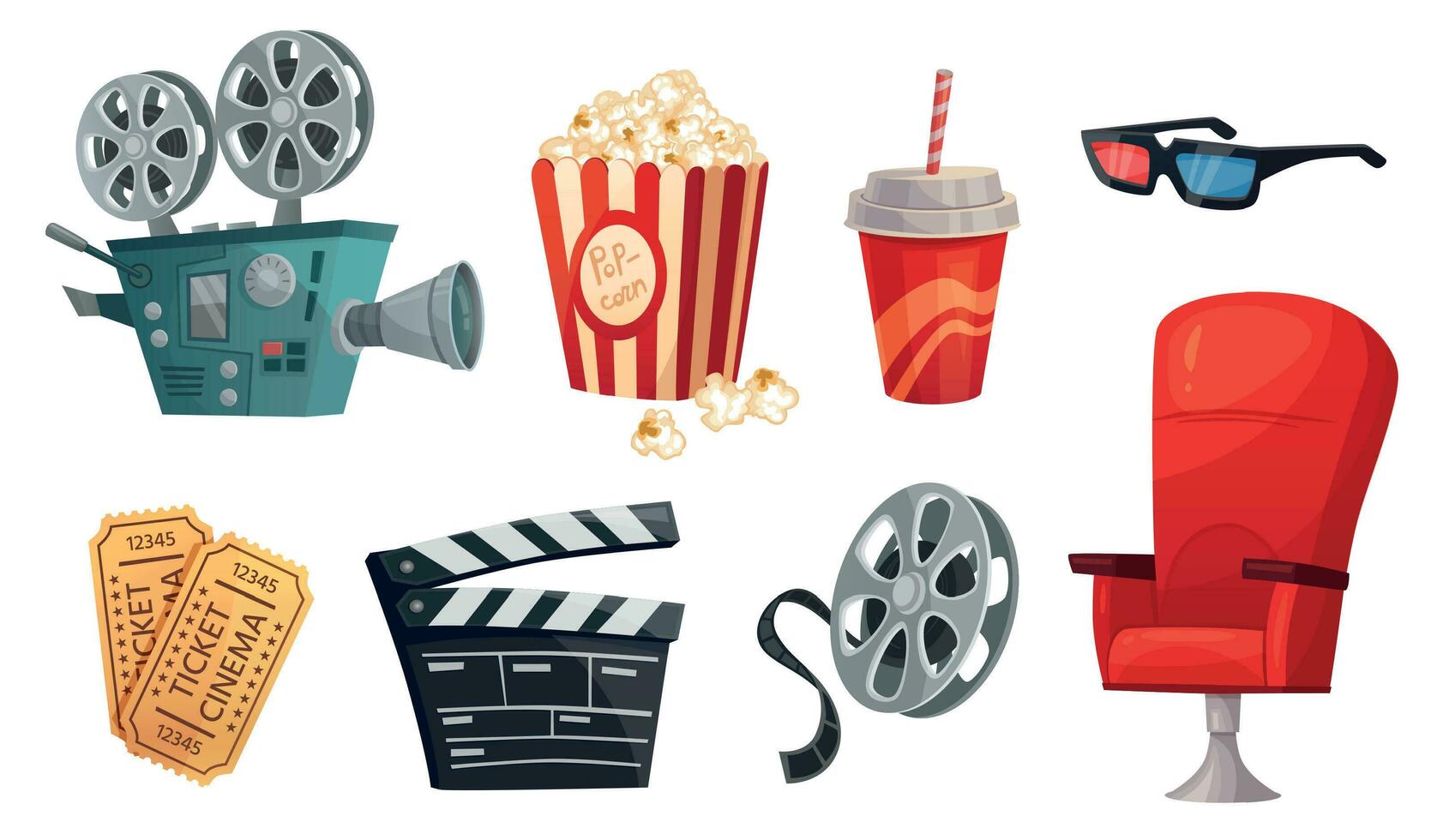 Cartoon cinema elements. Movie theater popcorn, filming cinema clapperboard and retro film camera vector illustration set