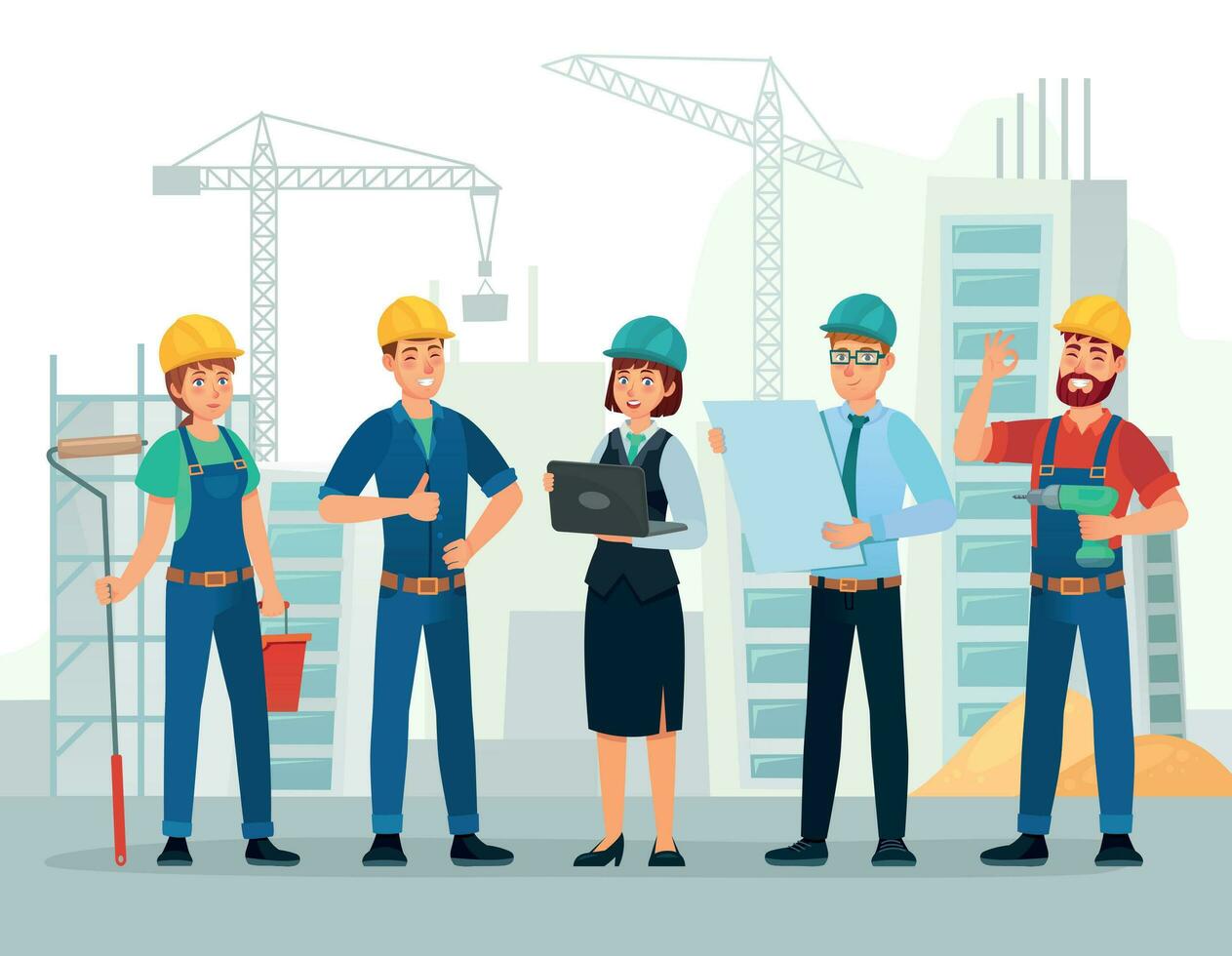 construcción equipo. Ingenieria y construcciones trabajadores, edificio ingenieros grupo y técnicos personas dibujos animados vector ilustración