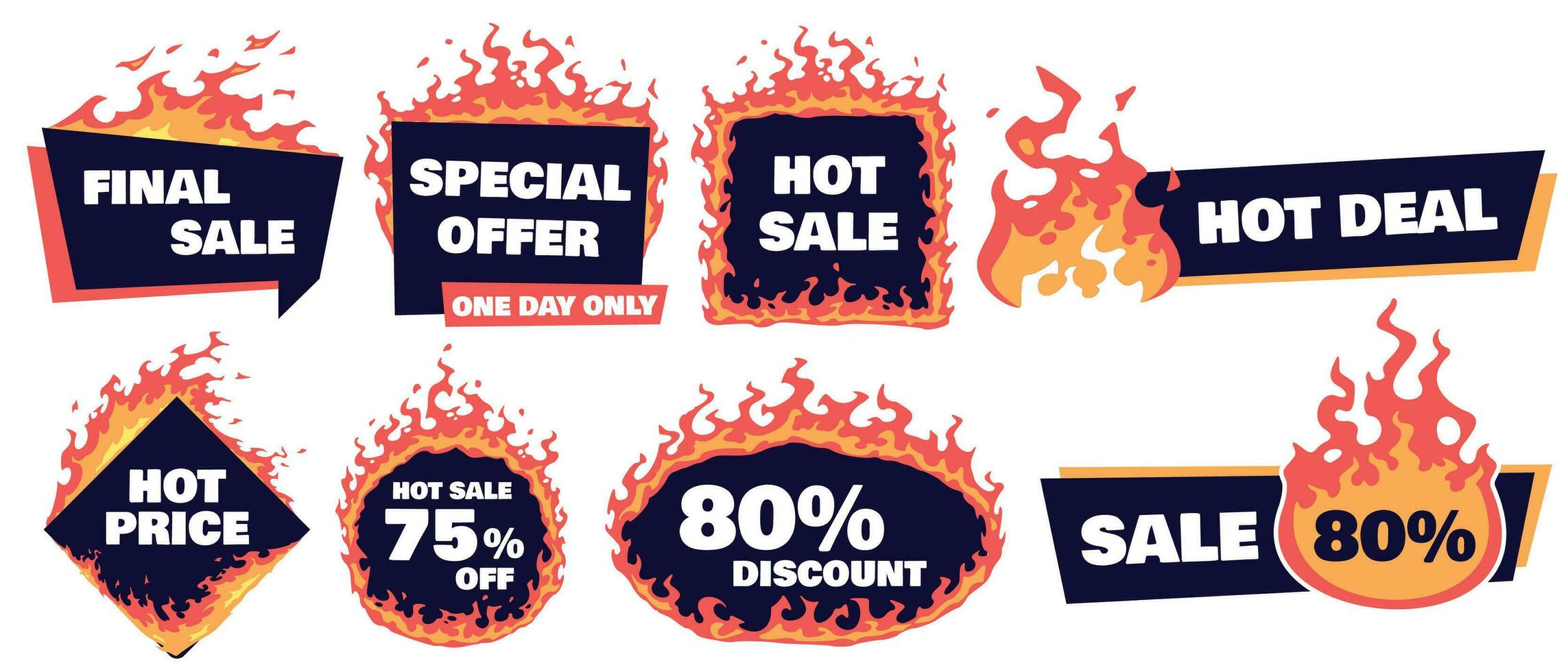 Hot sale badges. Fire deal banner, hot price badge and promotion offer flaming label frame vector set