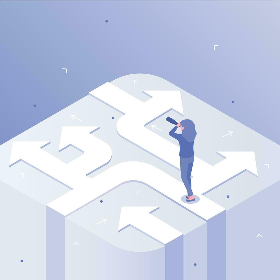 Business choices. Woman career decision, choosing different ways and crossroads of opportunity isometric vector concept illustration