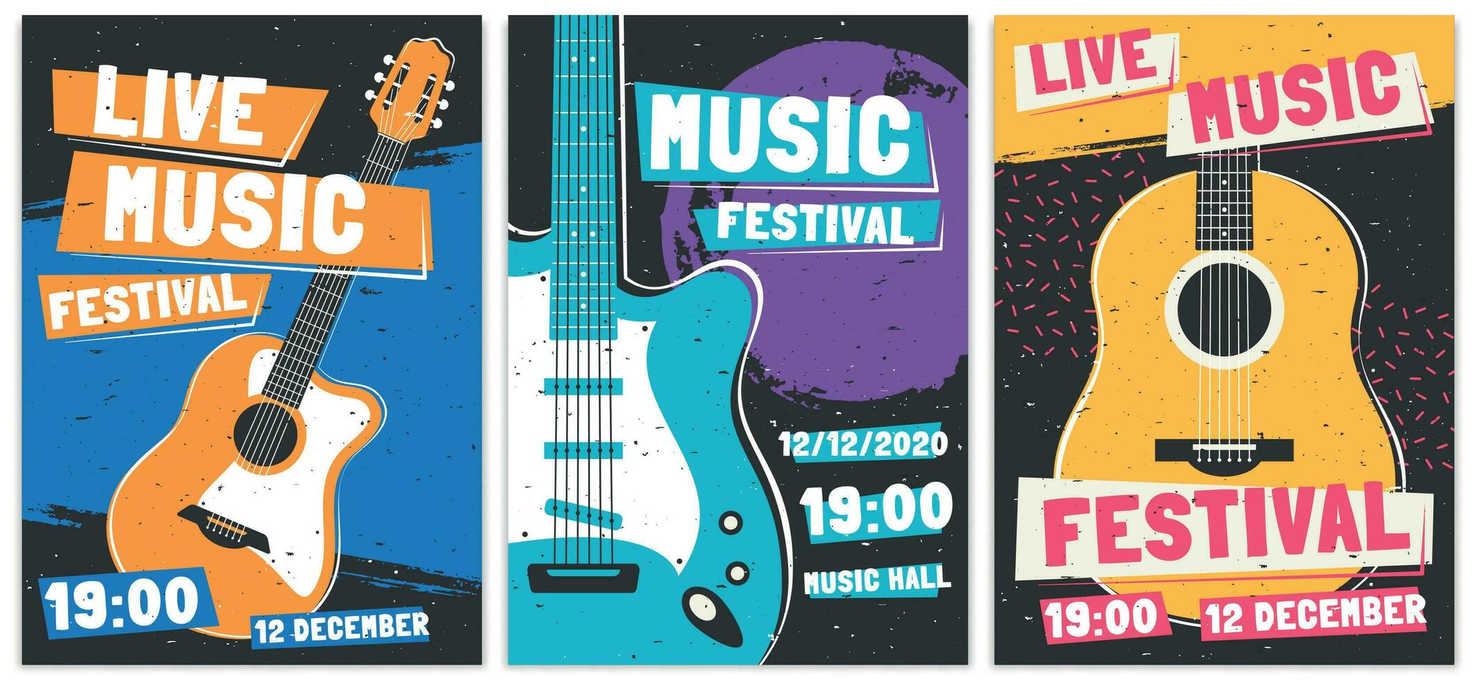 Music festival posters. Live acoustic guitar music concert poster, rock fest flyer and creative brochure template vector set. Rock n roll concert advertising banner concept. Entertainment show promo