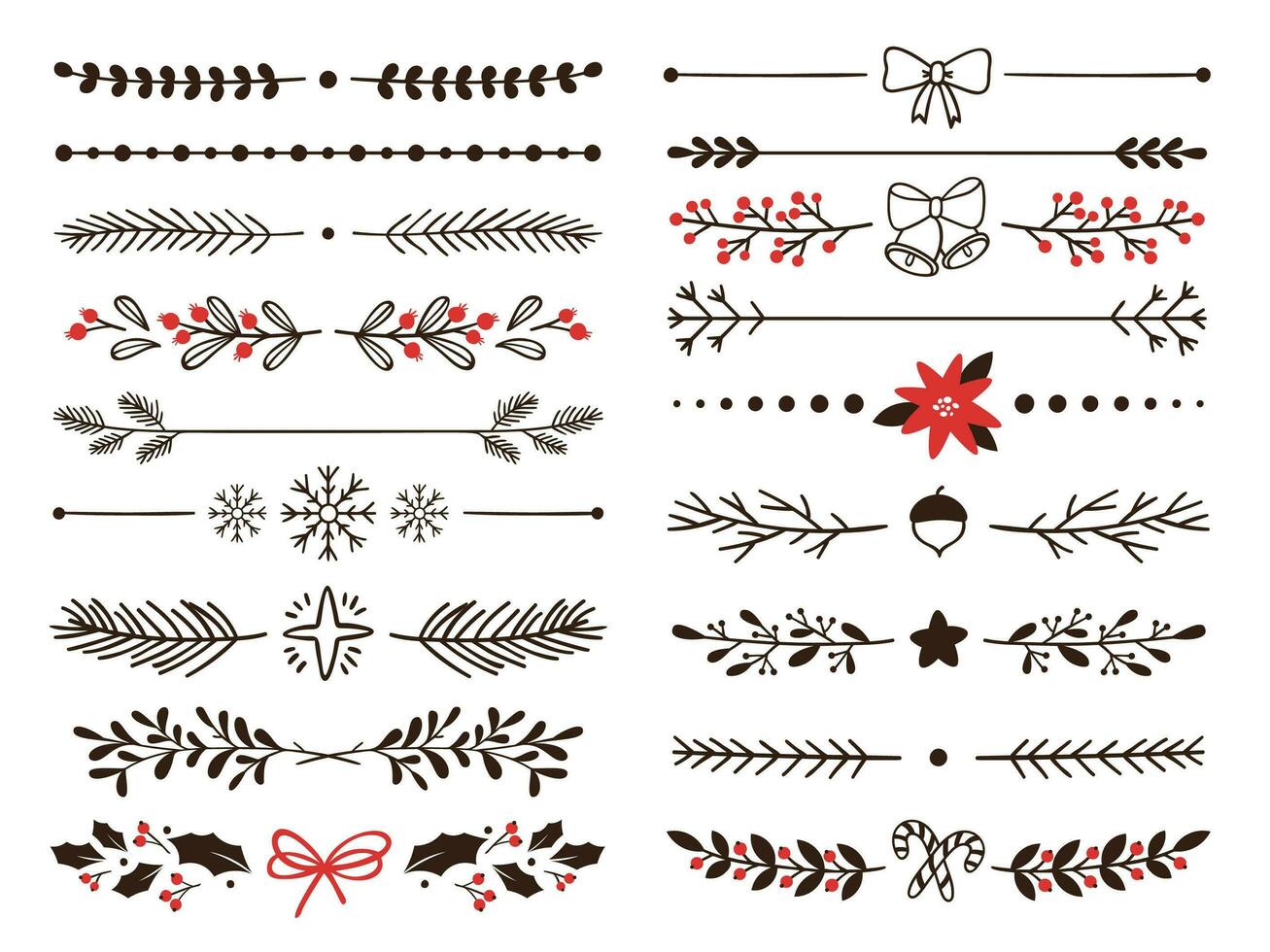 Hand drawn ornamental winter dividers. Snowflakes borders, Christmas holiday decor and floral ornate dividers vector set