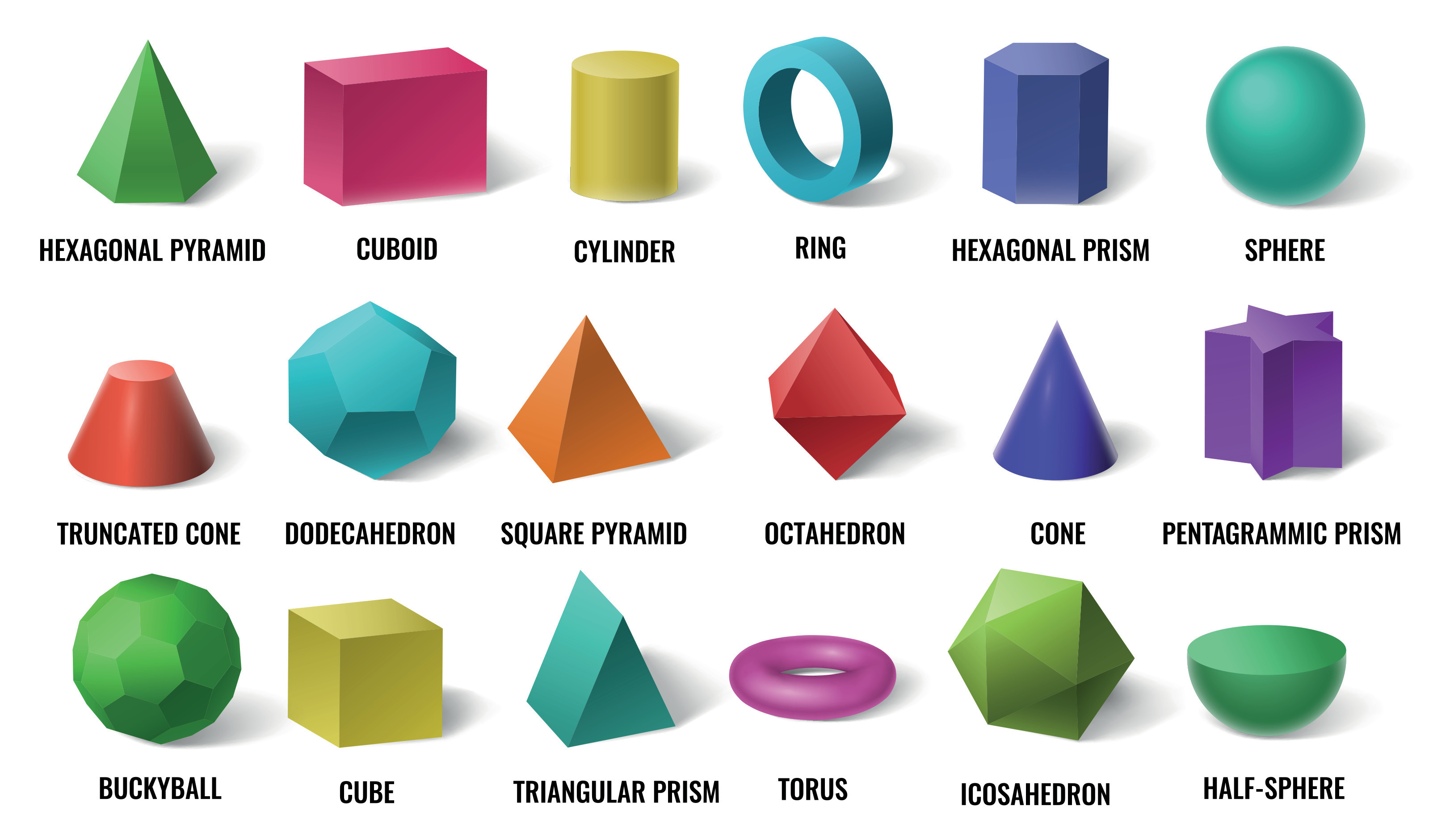 Realistic 3D color basic shapes. Solid colored geometric forms