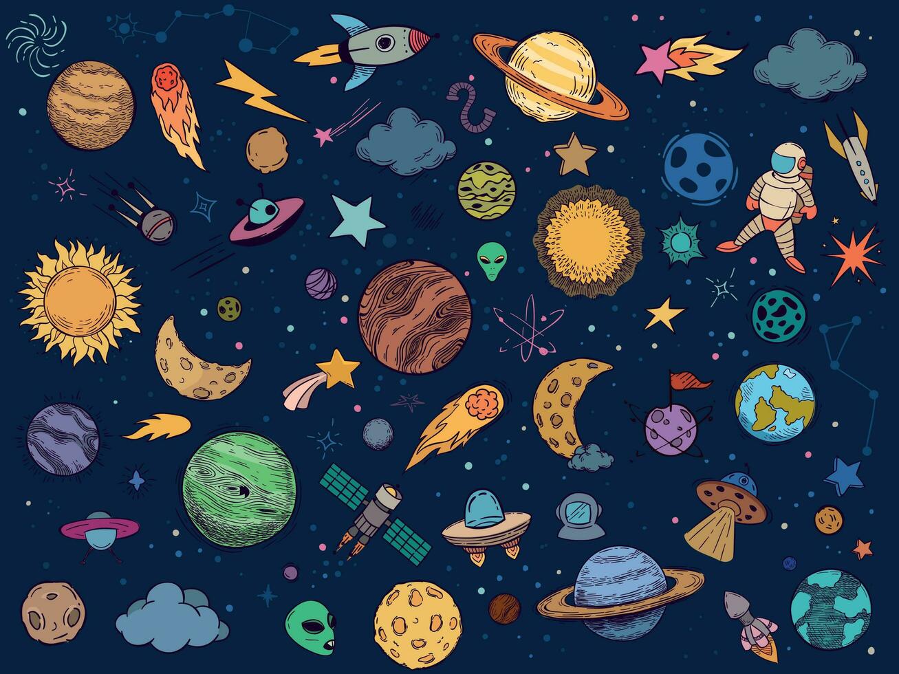 Color space doodle. Astrology planets, colorful space and hand drawn rocket vector illustration set. Cartoon style cosmic stickers pack. Celestial bodies, astronaut, spacecrafts and aliens