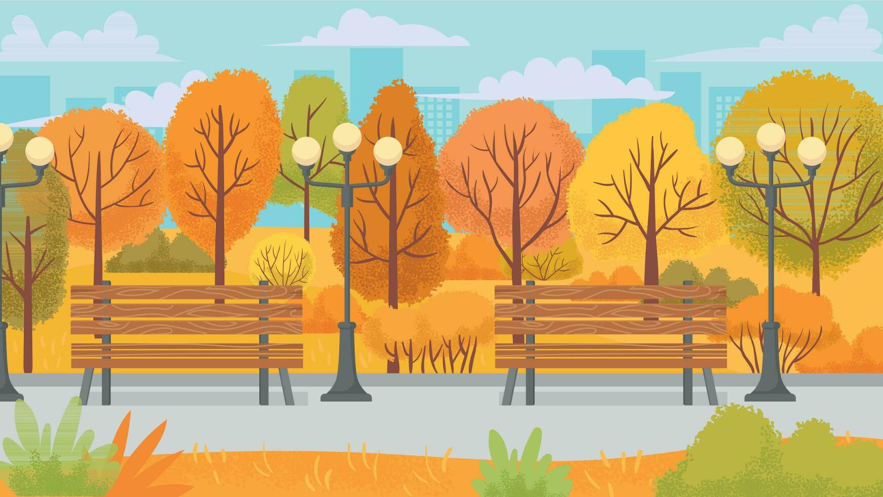 Cartoon autumn park. Yellow trees, city parks environment and nature panorama vector background illustration