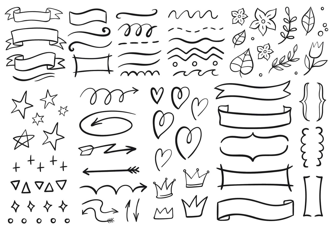 Vintage decorative doodles. Hand drawn ribbon, outline arrows and doodle holidays cards decorations vector set