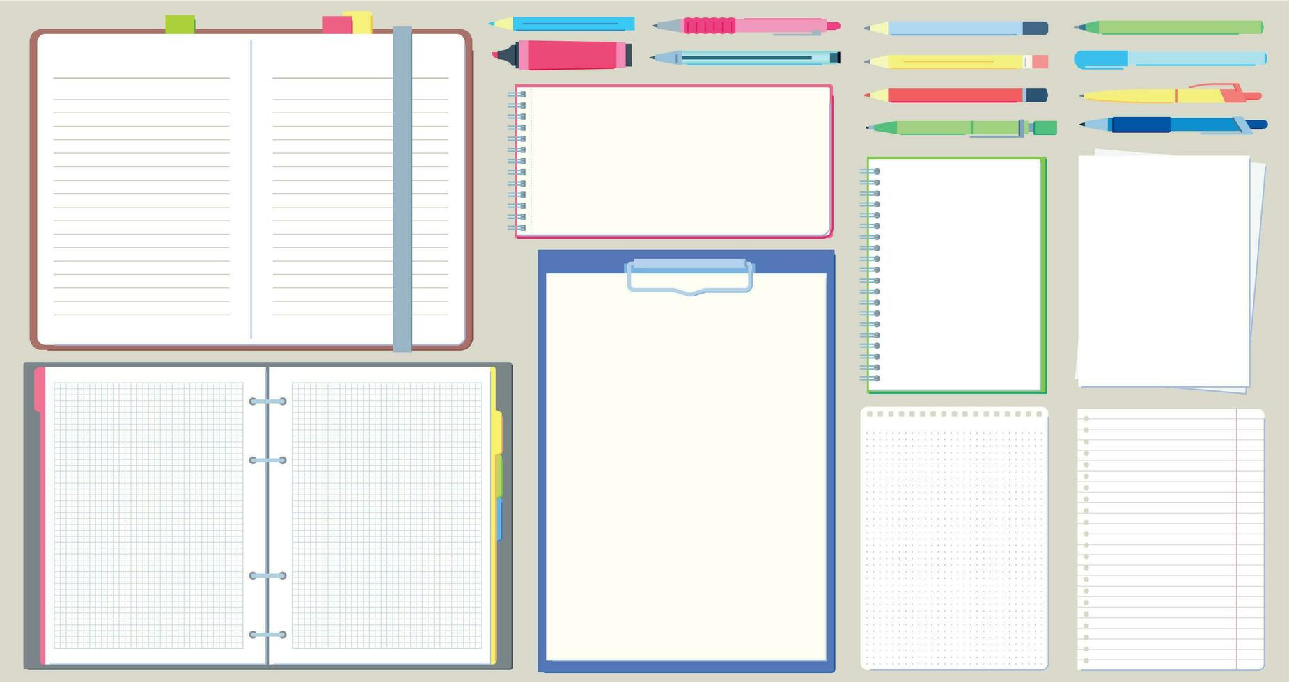Notebook diary. Open notepad, empty sketchbook with writing pen and drawing pencil vector illustration set