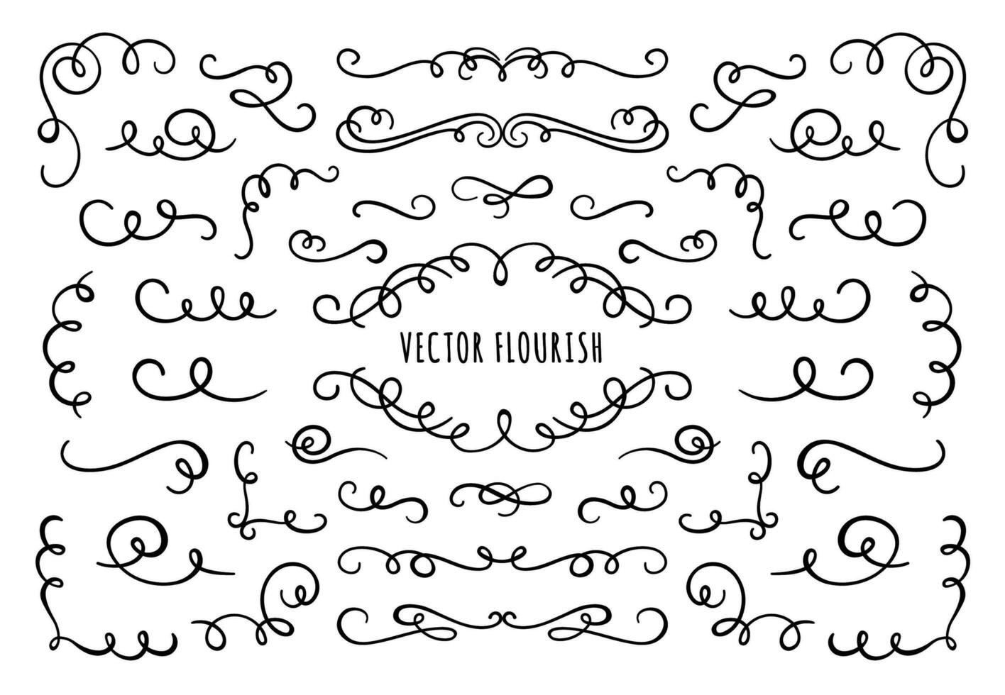 Flourish frame, corners and dividers. Decorative flourishes corner, calligraphic divider and ornate scroll swirls vector set