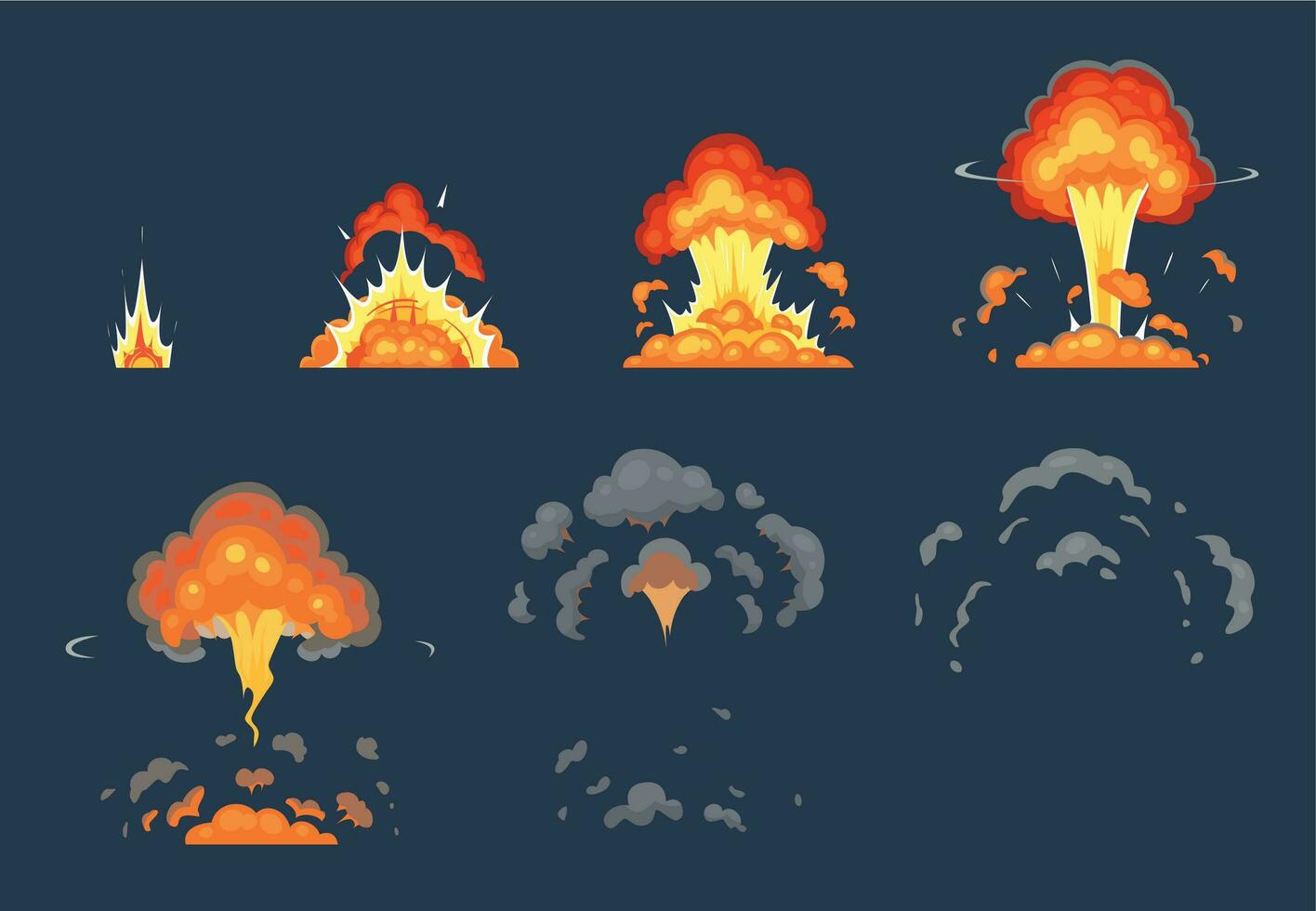 Cartoon bomb explosion animation. Exploding animated frames, atomic explode effect and explosions smoke vector illustration set