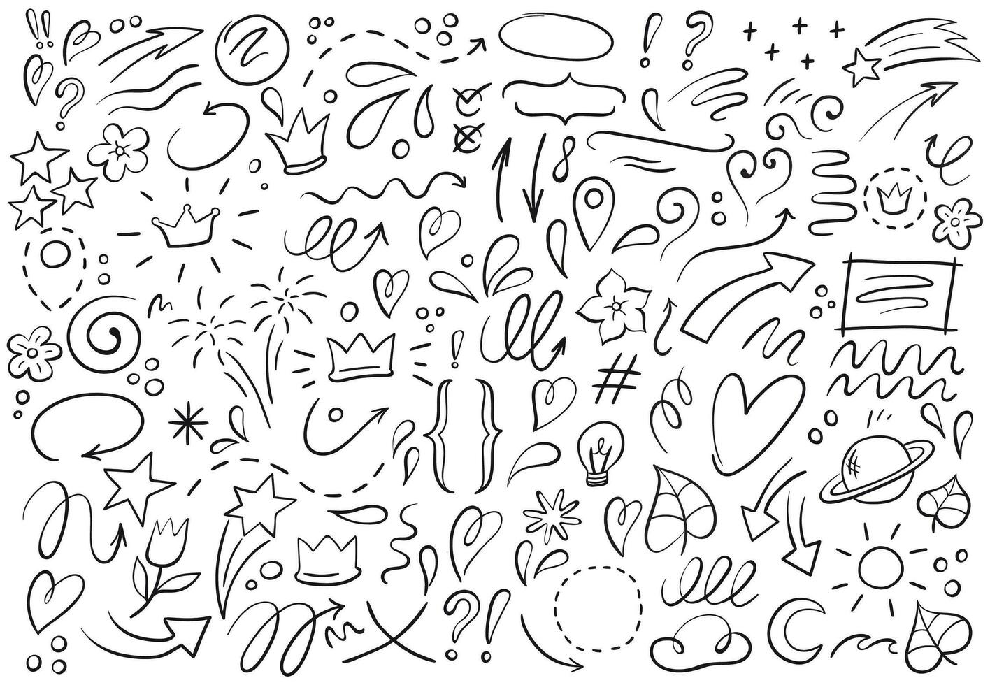 Decorative hand drawn shapes. Outline crown, doodle pointer and heart frame. Doodles lines elements vector illustration set