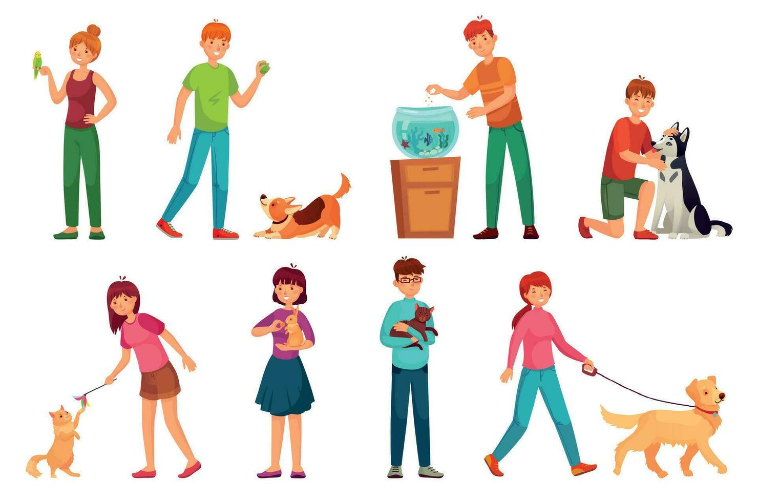 People with pets. Playing with dog, happy pet and dogs owners cartoon vector illustration set