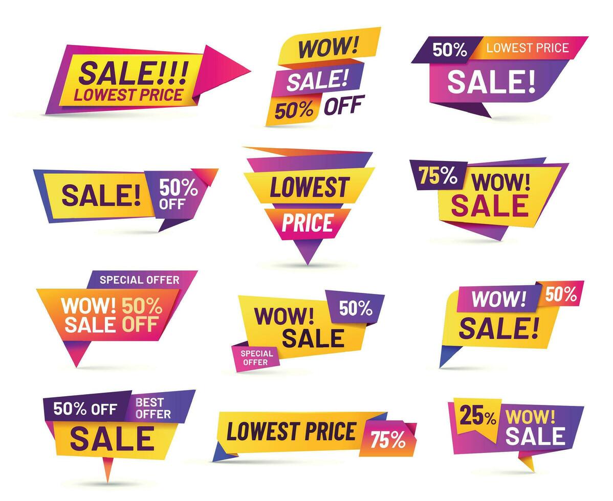 Sale badges. Discount price tag sticker, vivid advertising offer and sales wow badge isolated vector set