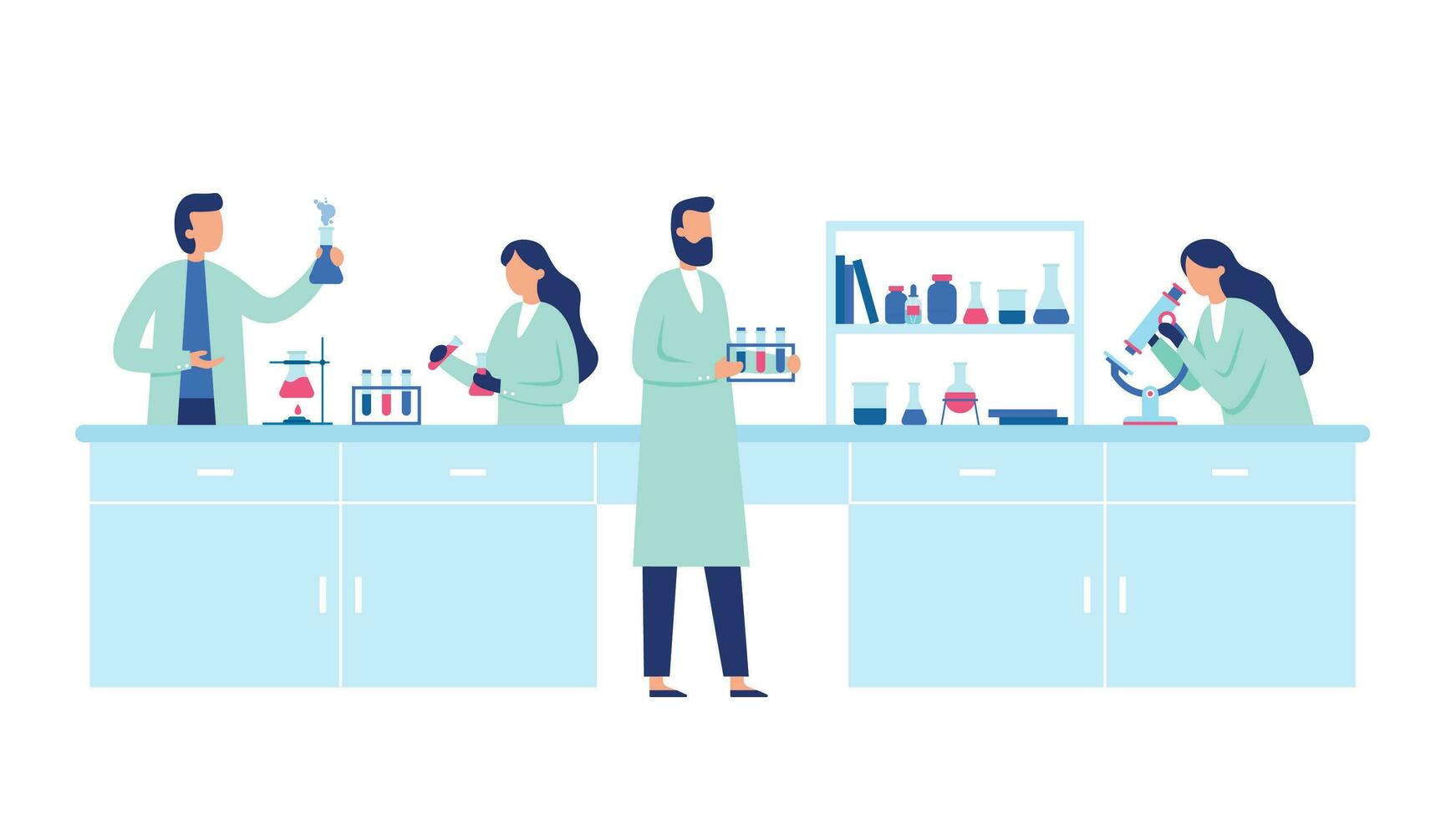 científico investigación. científico personas vistiendo laboratorio abrigos, Ciencias investiga y químico laboratorio experimentos vector ilustración
