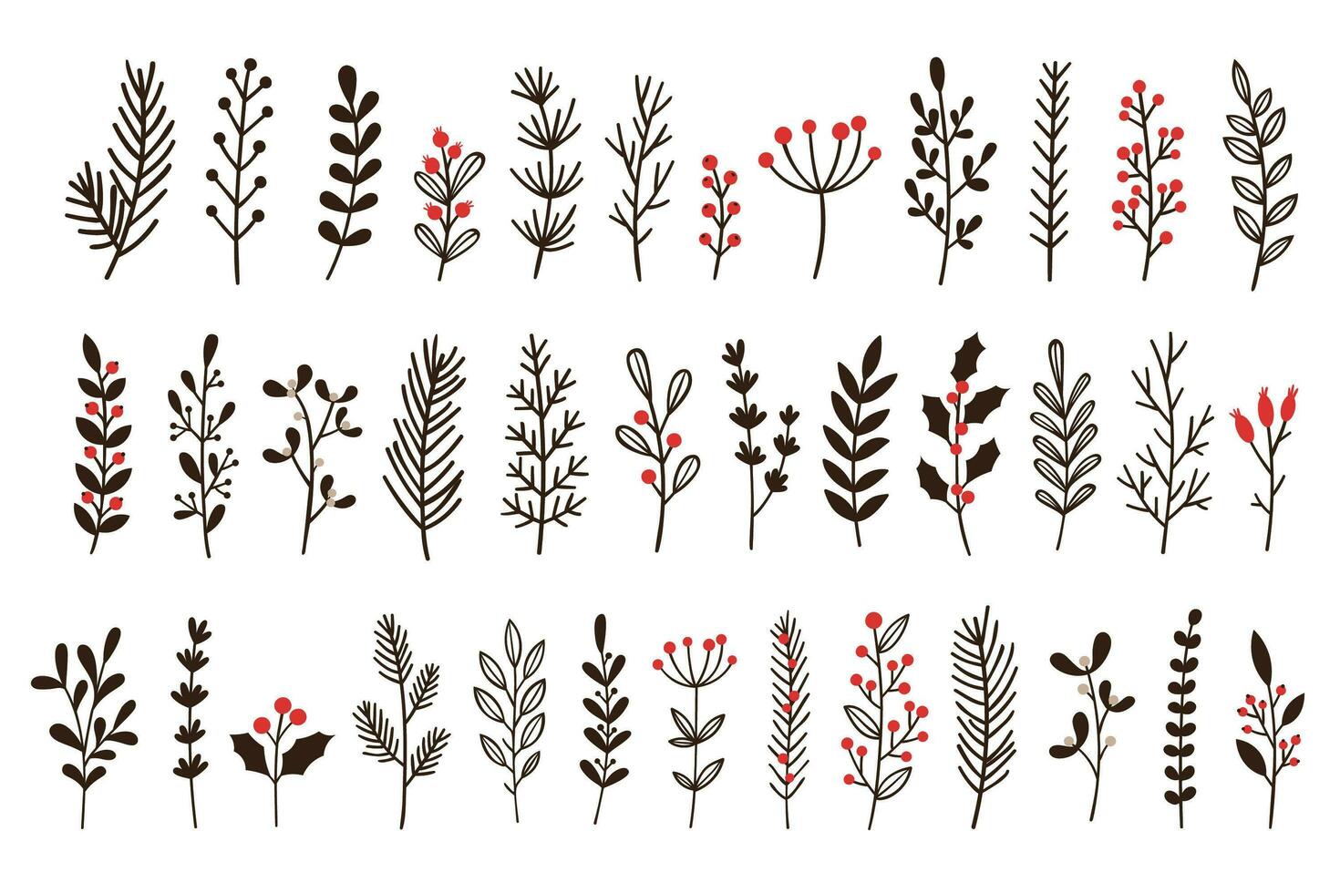 Hand drawn winter leaves and branches. Floral twig, botanical branch with berry and leaf doodle vector set