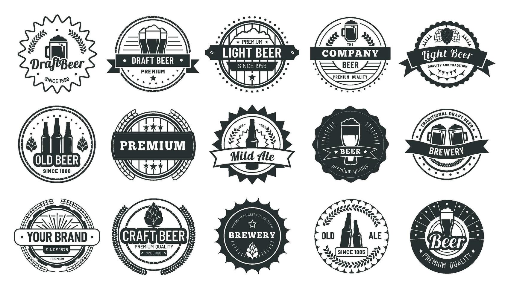 Beer badges. Beers pub, lager bottle and hipster craft beer badge isolated vector illustration set