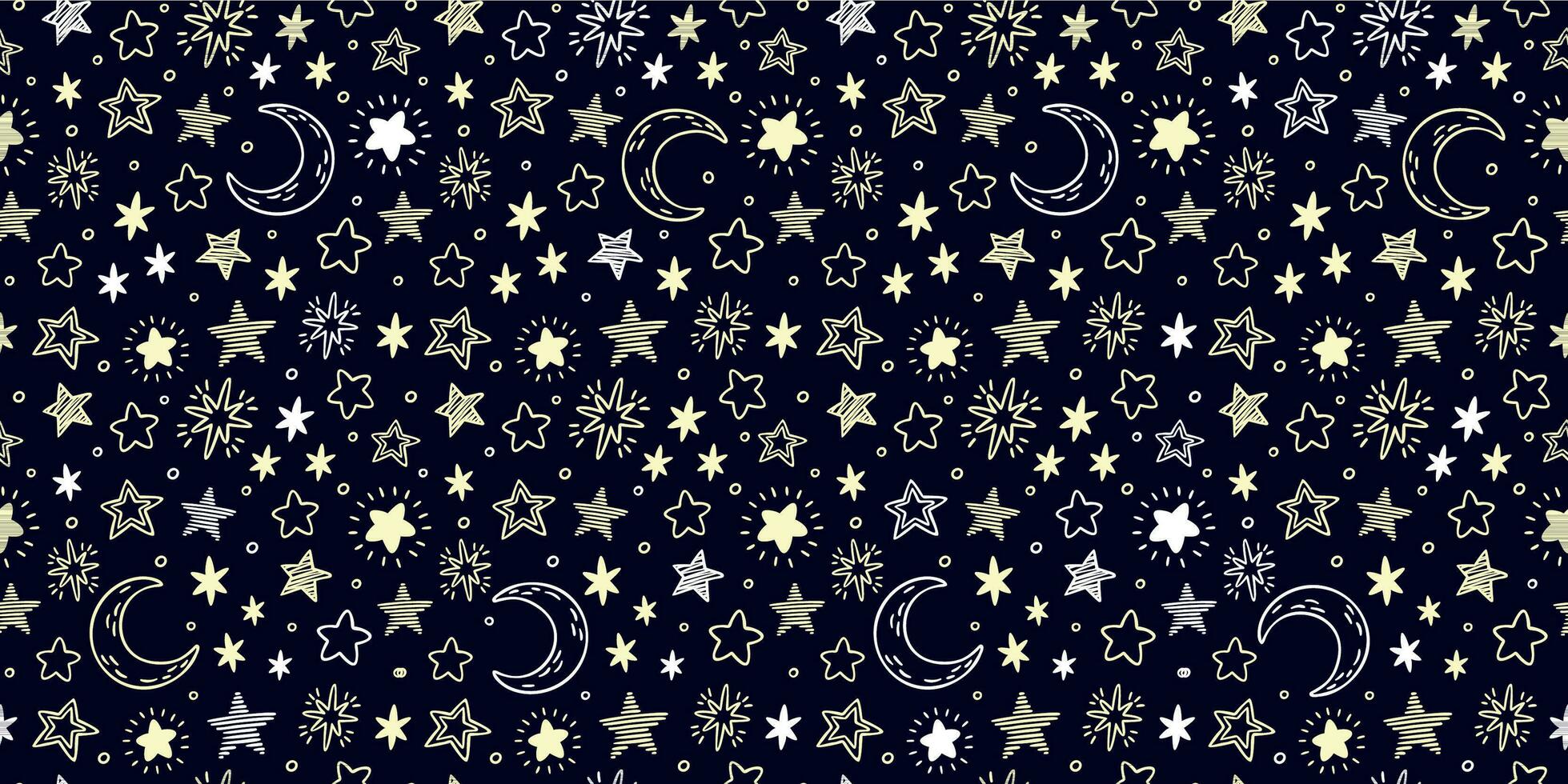 Star pattern. Starry sky, crescent moon and bright yellow stars seamless vector illustration