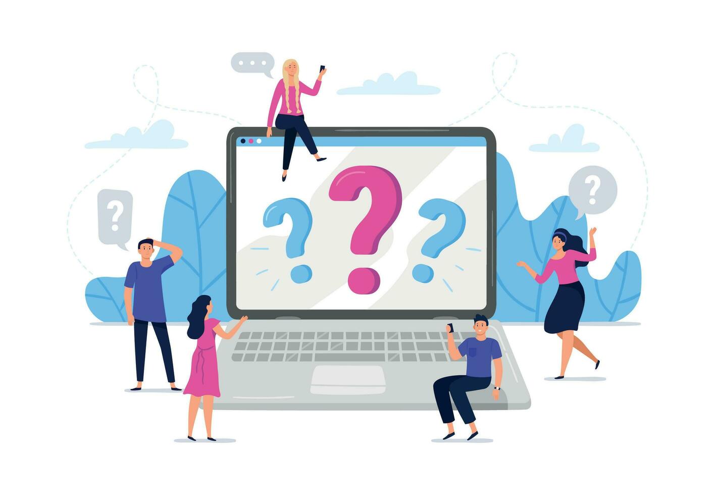 Online question answers search. Question sign on laptop computer screen, confused people asking questions vector illustration. Men and women using laptop, searching for problem solution online