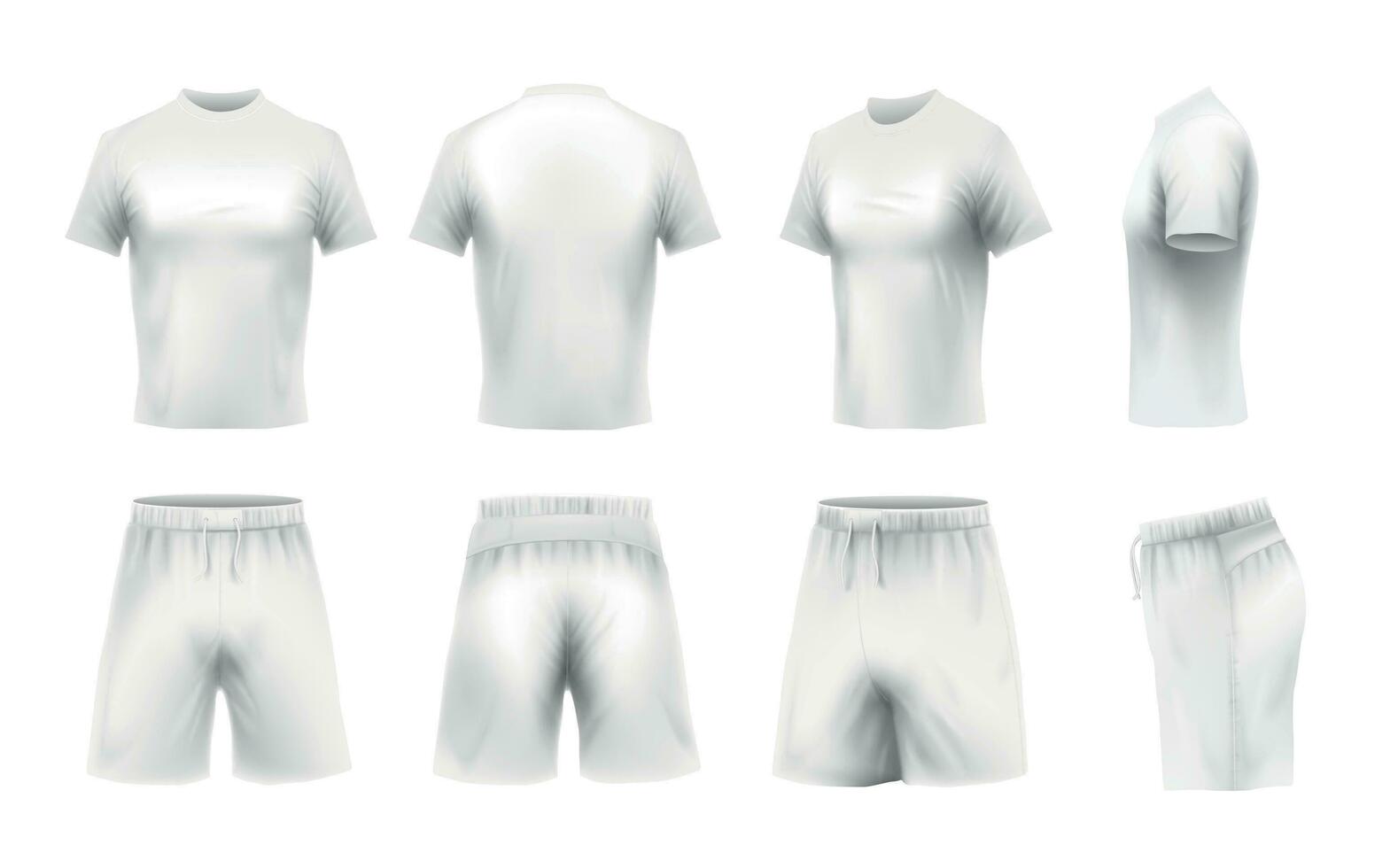 Realistic t-shirt and shorts mockup. White t-shirts template, sport uniform clothes 3d vector set