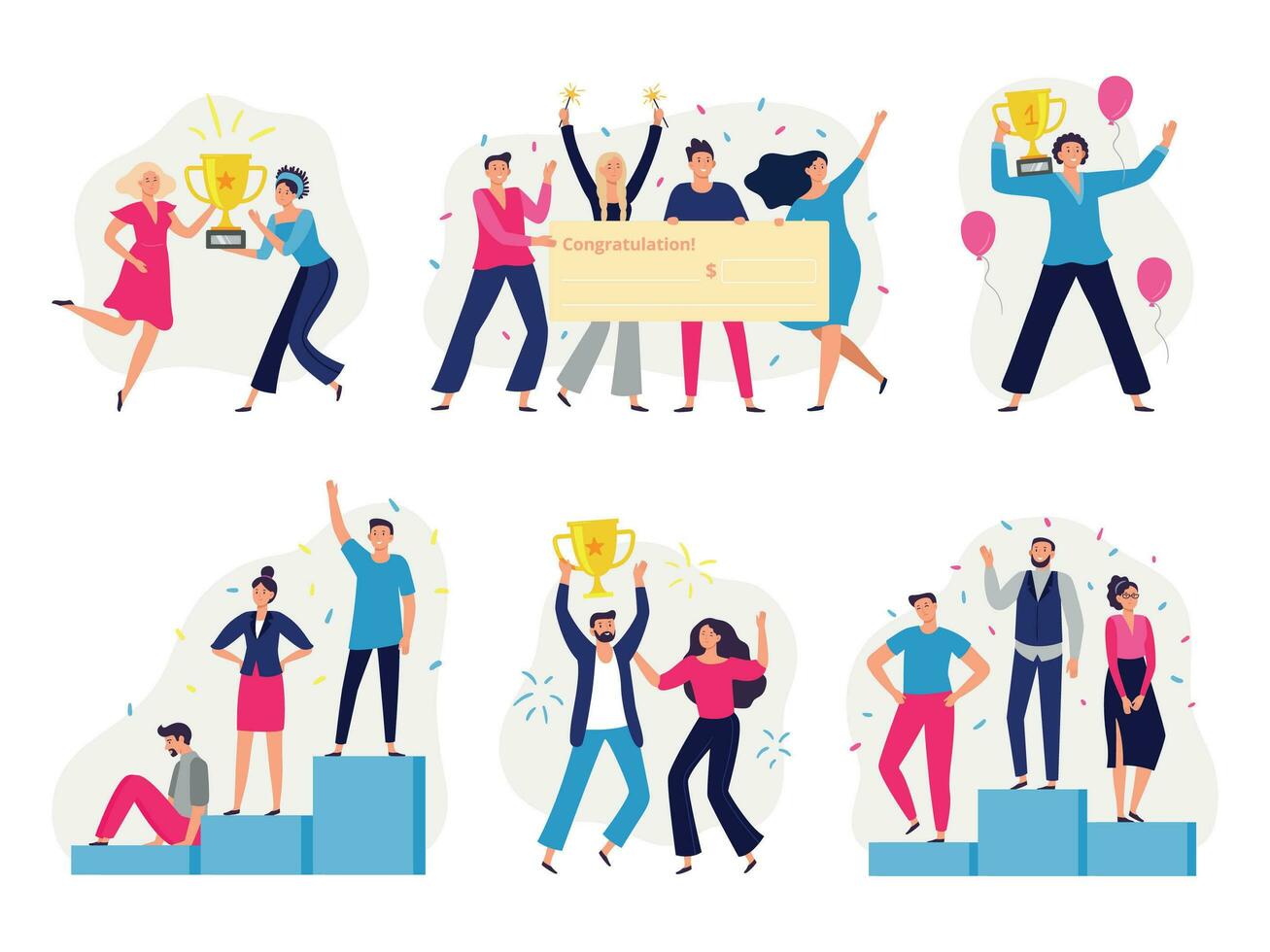 Winners people. Happy couple win gold cup, office workers team win cash check and successful winner standing on podium flat vector illustration set