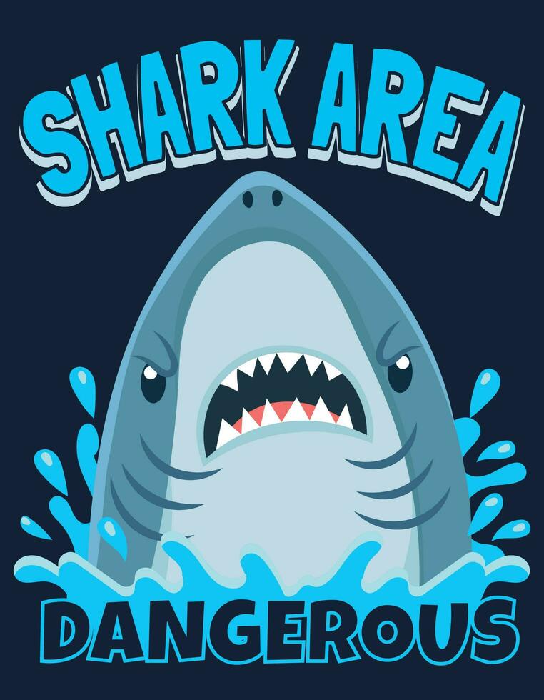 Shark area poster. Attack sharks, ocean diving and sea surf warning cartoon vector illustration