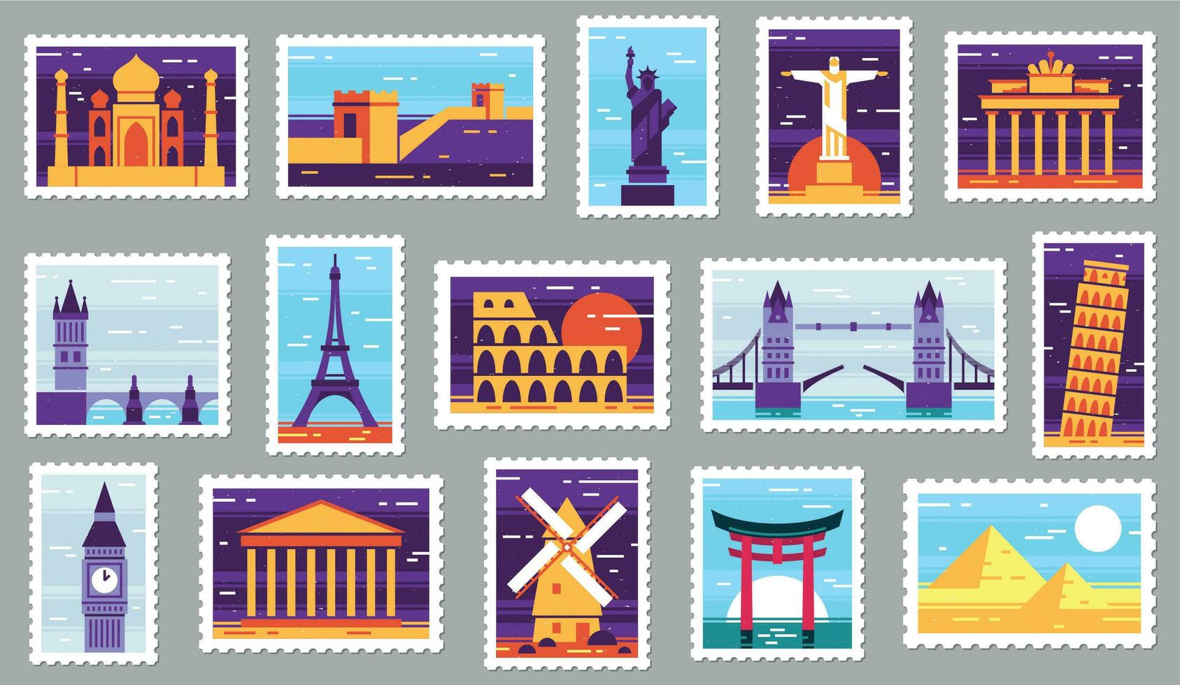 World cities post stamps. Travel postage stamp design, city attractions postcard and town vector illustration set