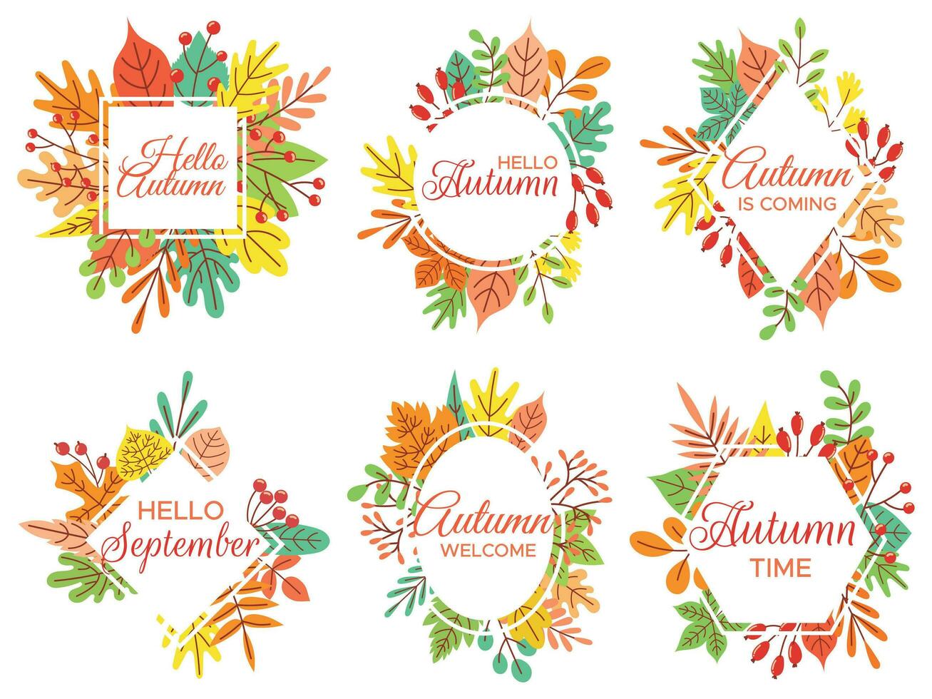 Hola otoño. Bienvenido septiembre, otoñal caído hojas marco y amarillo hoja letras vector ilustración conjunto