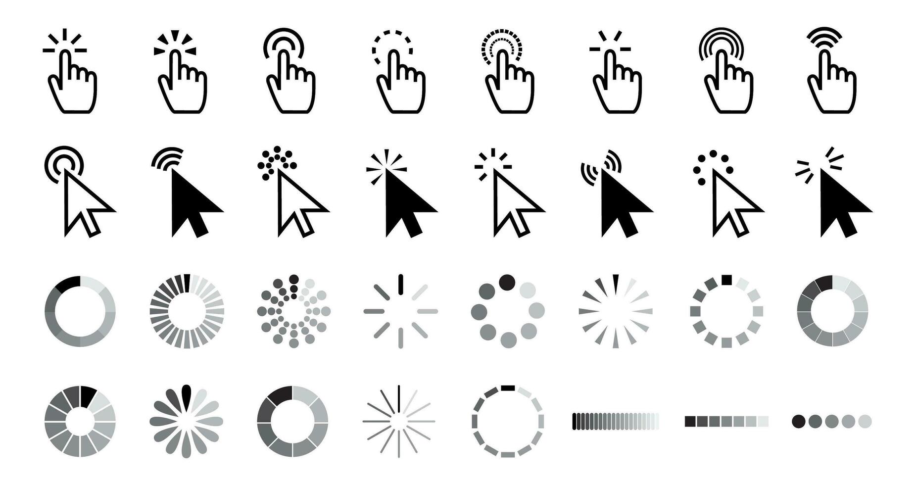 Pointer click icon. Clicking cursor, pointing hand clicks and waiting loading icons vector collection