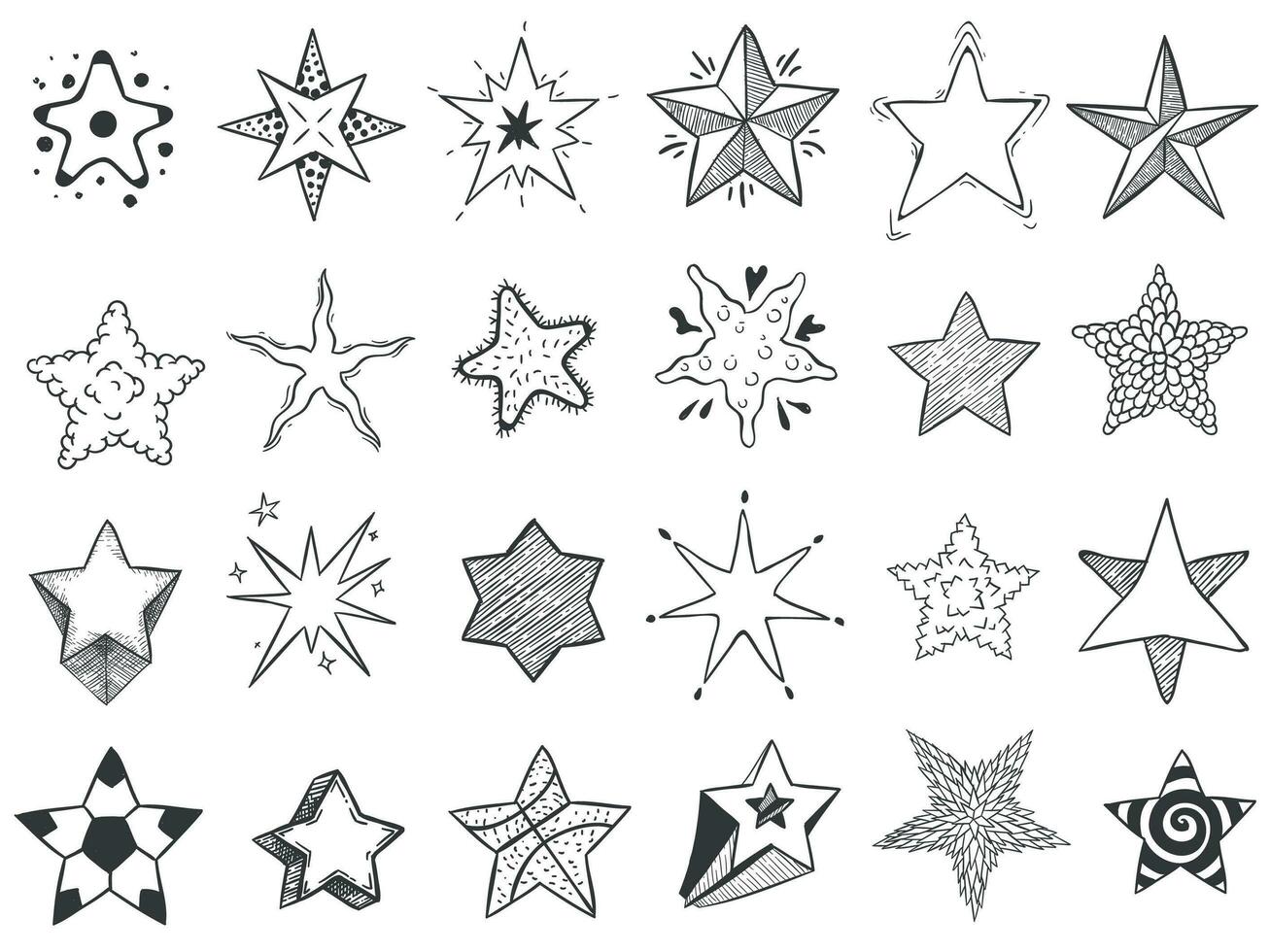 Sketch stars. Doodle star shape, cute hand drawn starburst and rating stars vector set
