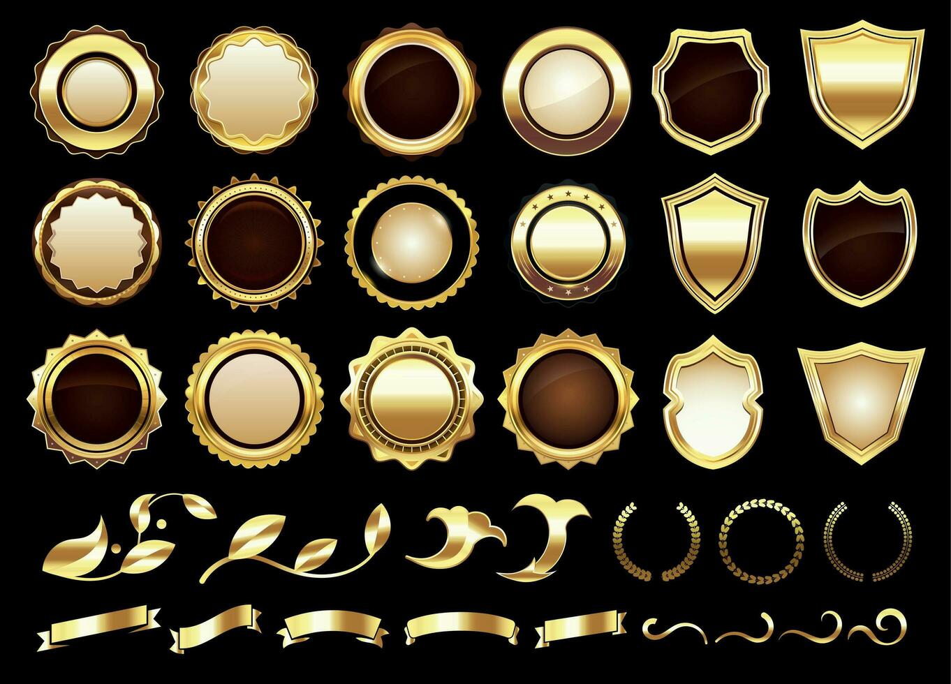 Elegant golden labels. Shields badges, gold ornamental scrolls amd retro label vector illustration set