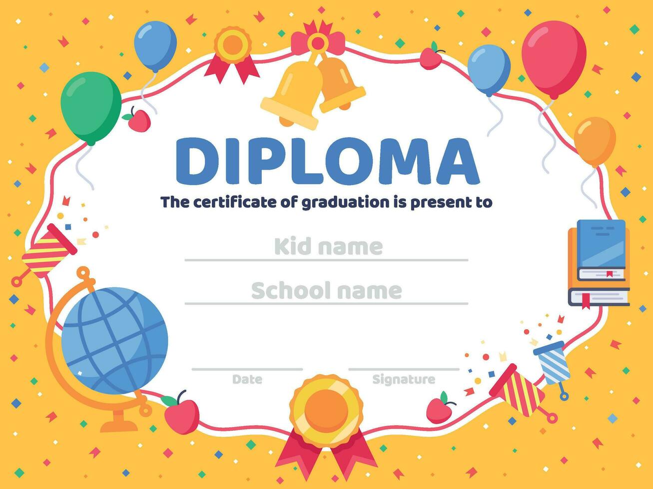 graduado diploma. colegio graduación, graduados Felicidades y preescolar niño o jardín de infancia certificado vector ilustración