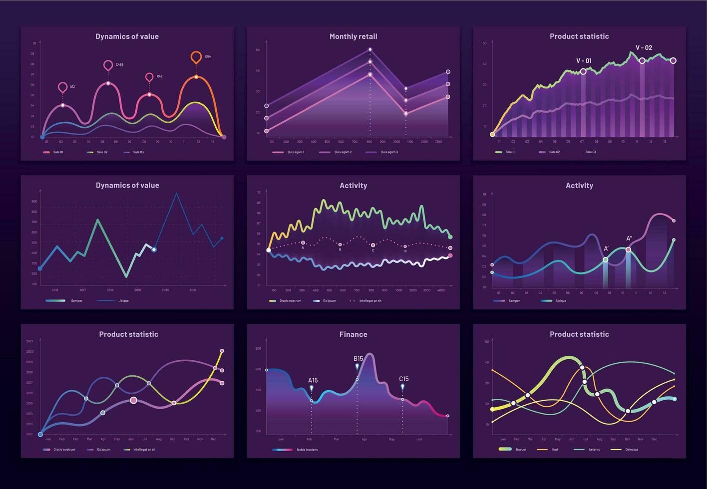 Abstract data charts. Statistic graphs, finance line chart and marketing histogram graph infographic vector set