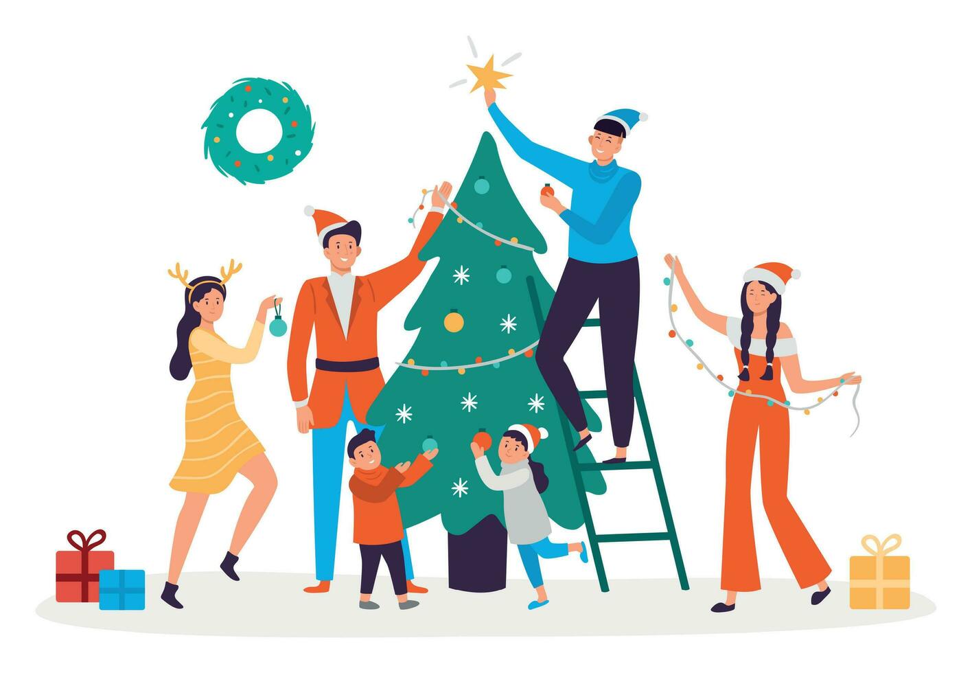 Happy people decorating christmas tree. Family preparing for New Year, 2020 xmas holiday party vector illustration