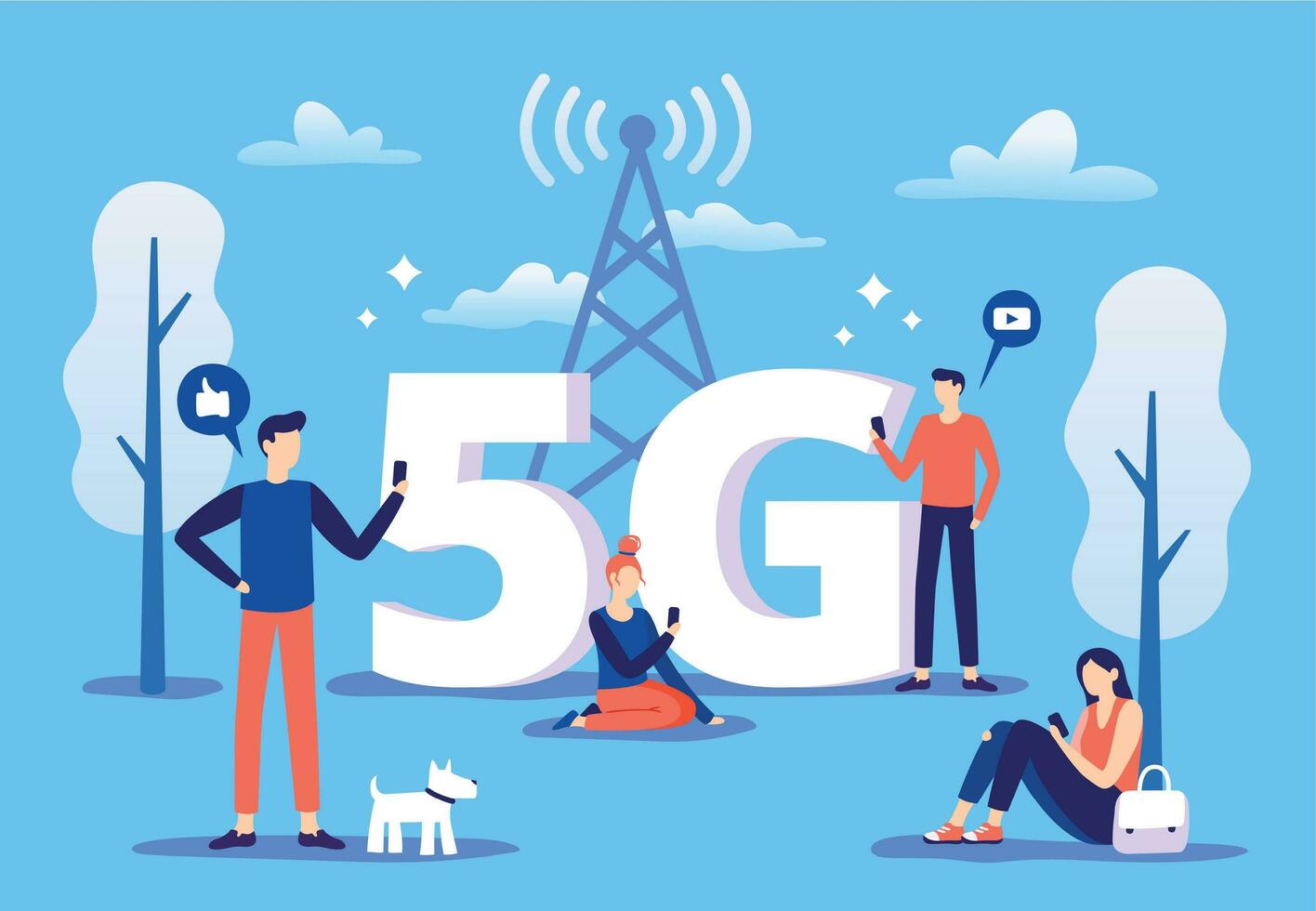 móvil 5g conexión. personas con teléfonos inteligentes utilizar alto velocidad Internet, quinto Generacion red y cobertura zona vector ilustración