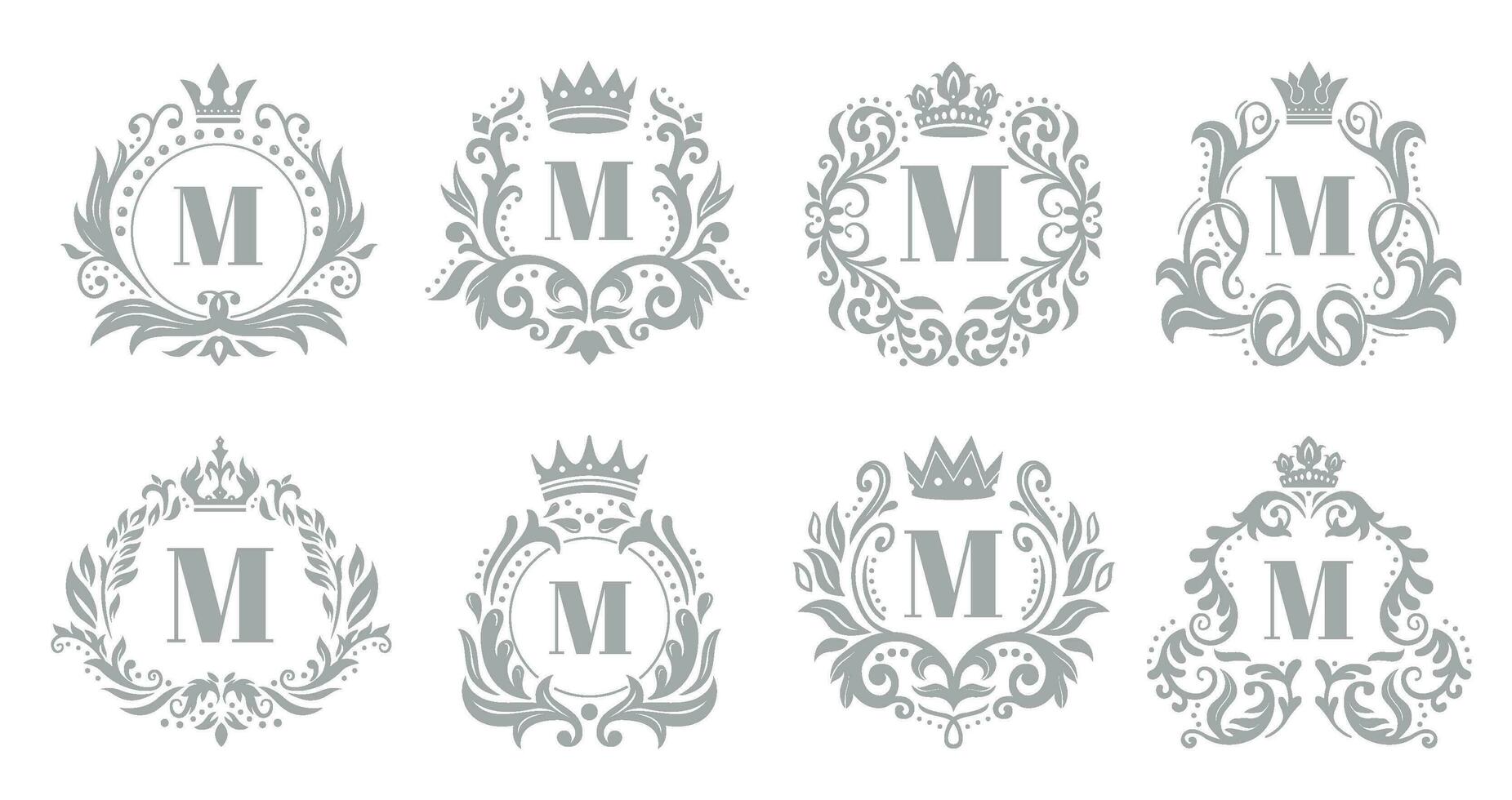 Clásico monograma emblema. lujo florido plata logo, heráldico monogramas y antiguo Rey real corona emblemas vector ilustración conjunto