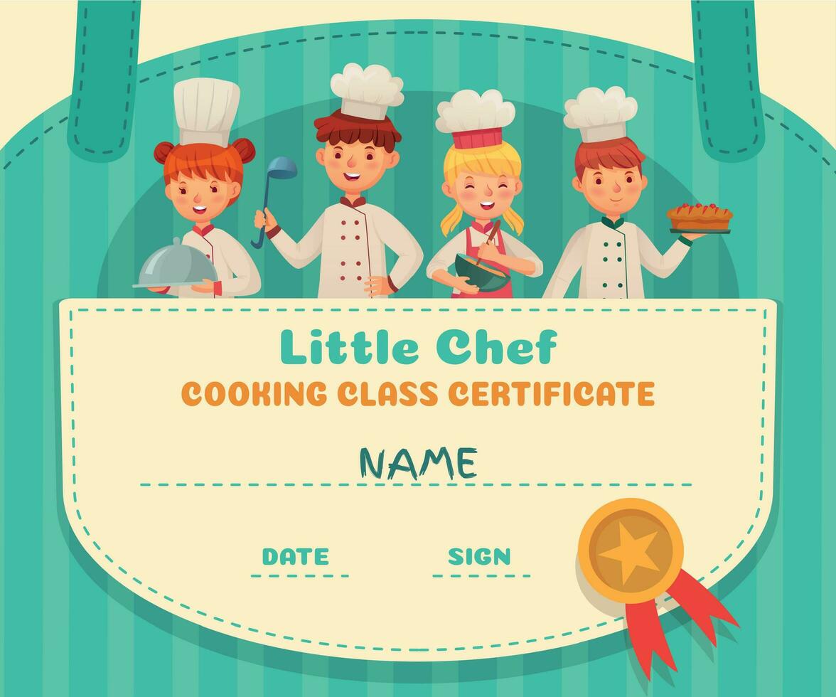 Little chef certificate. Cooking class chefs diploma, cooking food school lesson and kids cooks frame cartoon vector illustration