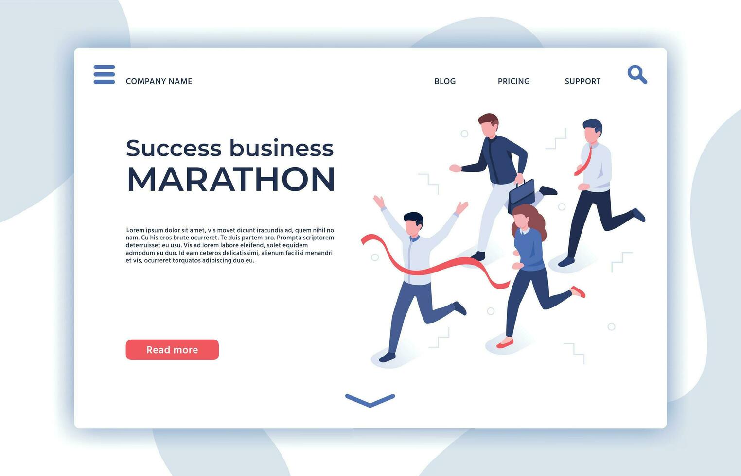 Success business marathon. Successful startup, businessman winner and professional triumph landing page isometric vector illustration