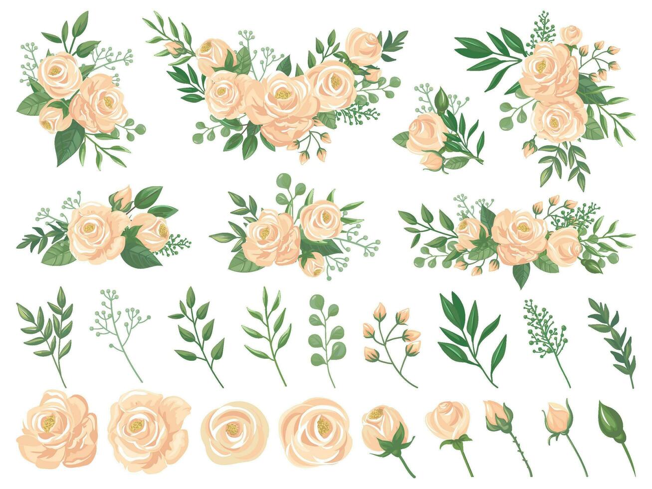 Floral bouquet. Rose flowers, gardening roses bouquets and pastel colors flower buds with petals cartoon vector illustration set