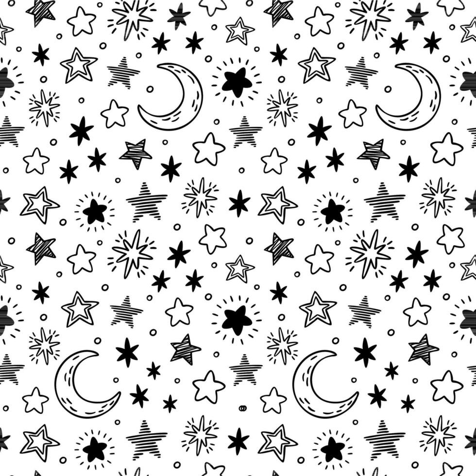 Seamless hand drawn stars. Starry sky sketch, doodle star and night vector pattern illustration