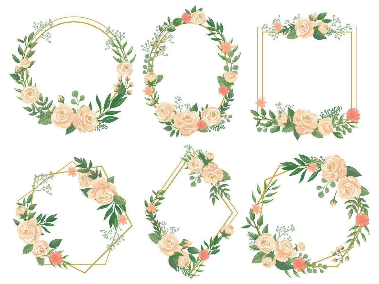 flores marco. flor frontera marcos, redondo floración y decorativo Boda floral cuadrado tarjeta vector ilustración conjunto