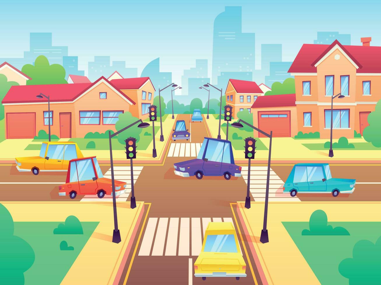 Crossroad with cars. City suburb traffic jam, street crosswalk with traffic lights and road intersection cartoon vector illustration