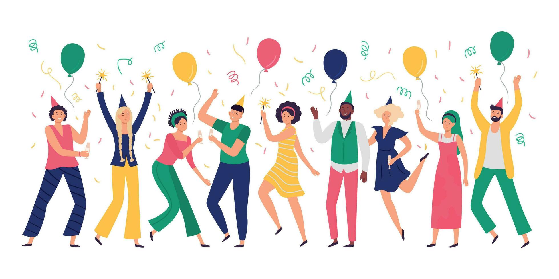 People celebrating. Young men and women dance at celebration party, joyful balloons and confetti vector illustration