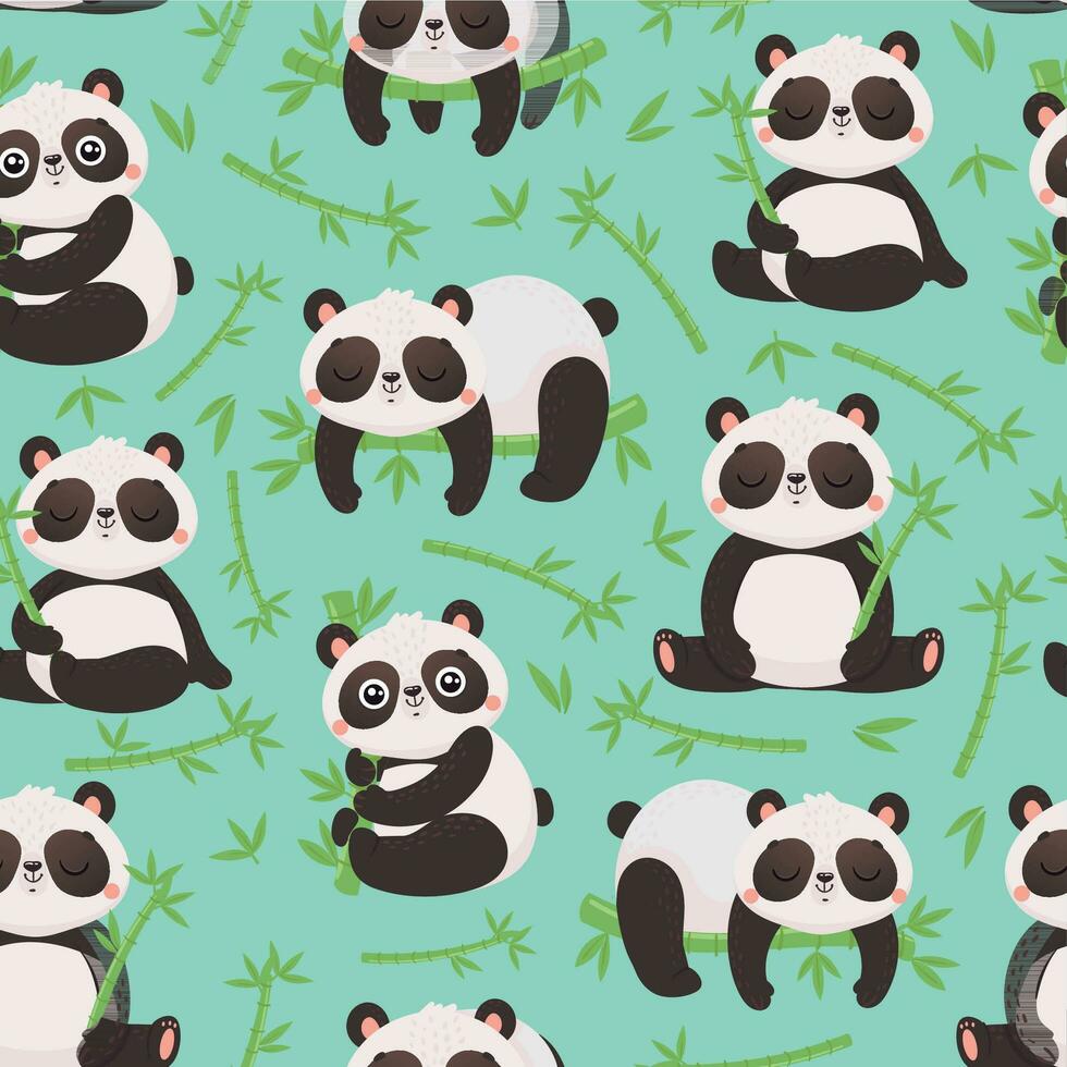 Panda and bamboo seamless pattern. Cute pandas animals, wild bamboo forest bear and sleeping baby panda vector illustration