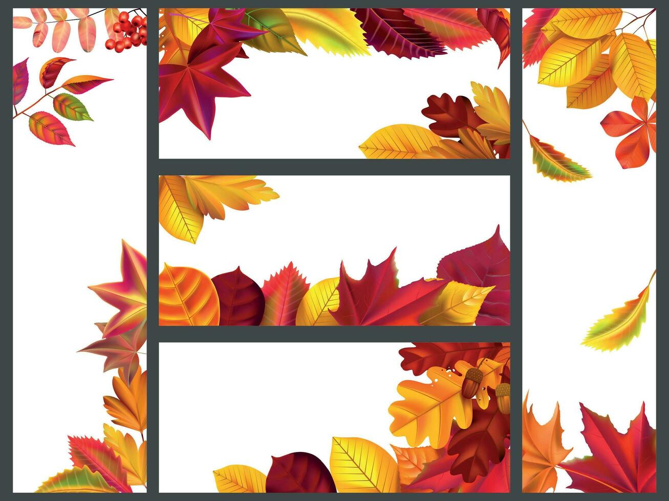 Realistic autumn leaves banners. Yellow garden leafage, flying leaf and fall season banner bundle vector illustration set